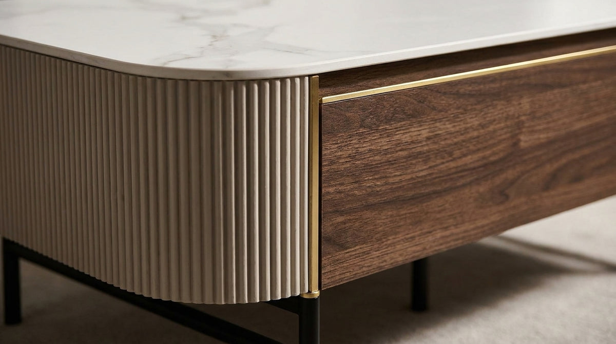 Chanel White Ceramic Coffee Table with Drawer Beige & Brown