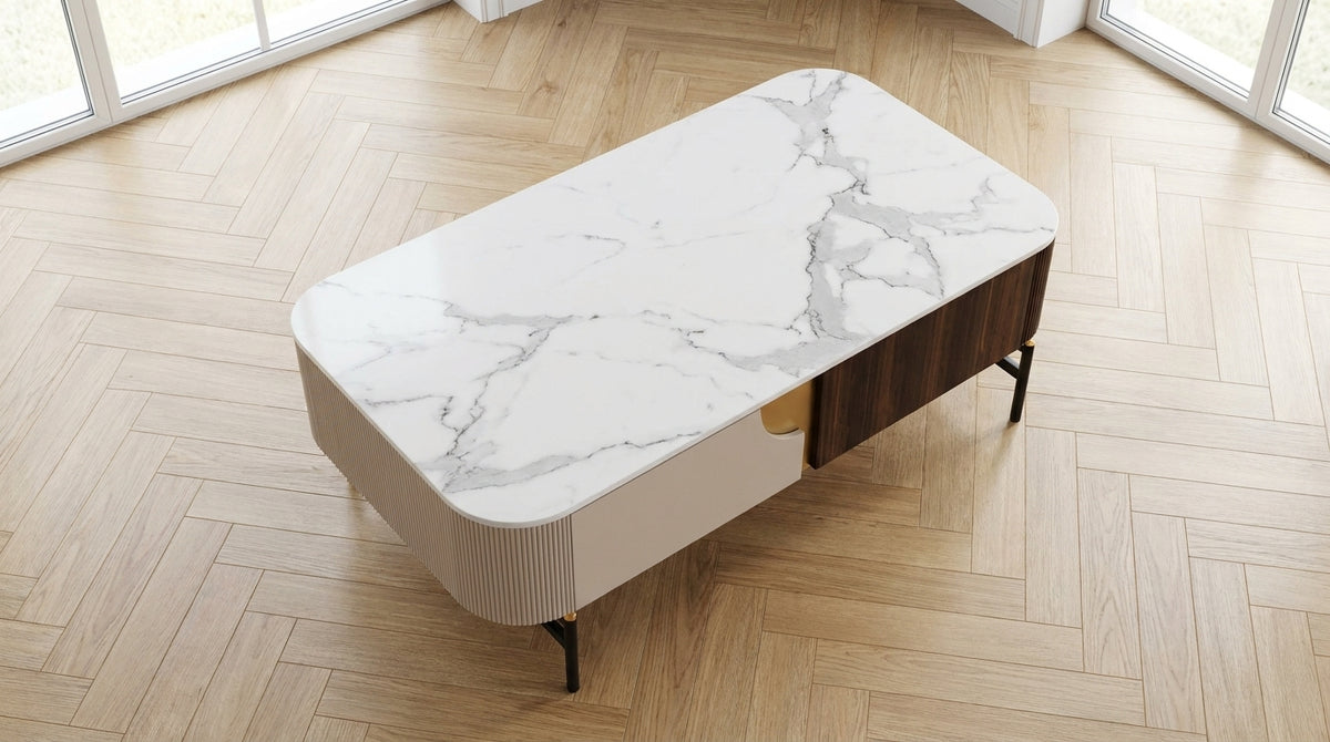 Chanel White Ceramic Coffee Table with Drawer Beige & Brown