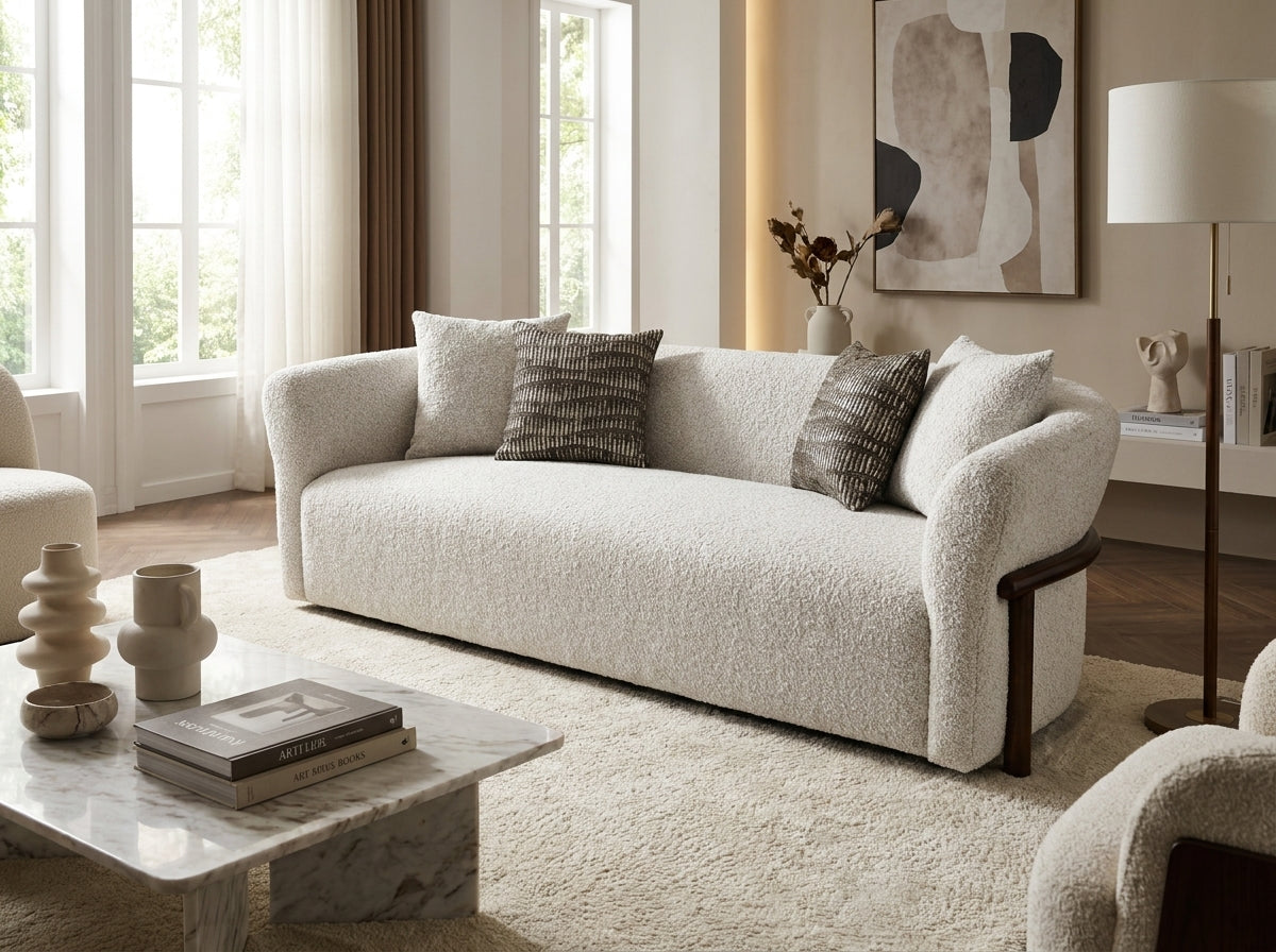 Talia Modern 3 Seater Fabric Sofa in White with curved bouclé upholstery and timber leg detail, styled in a living room – Quality Rugs & Furniture Dandenong and Hoppers Crossing