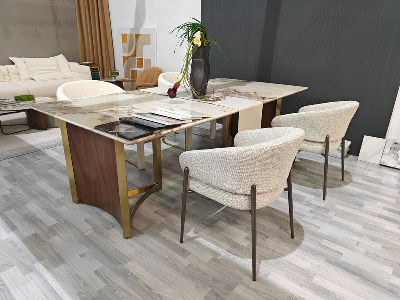Banksia Modern Dining Table Yello Ceramic Top with Walnut Legs