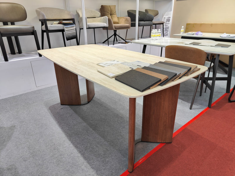 Banksia Modern Dining Table Yello Ceramic Top with Walnut Legs