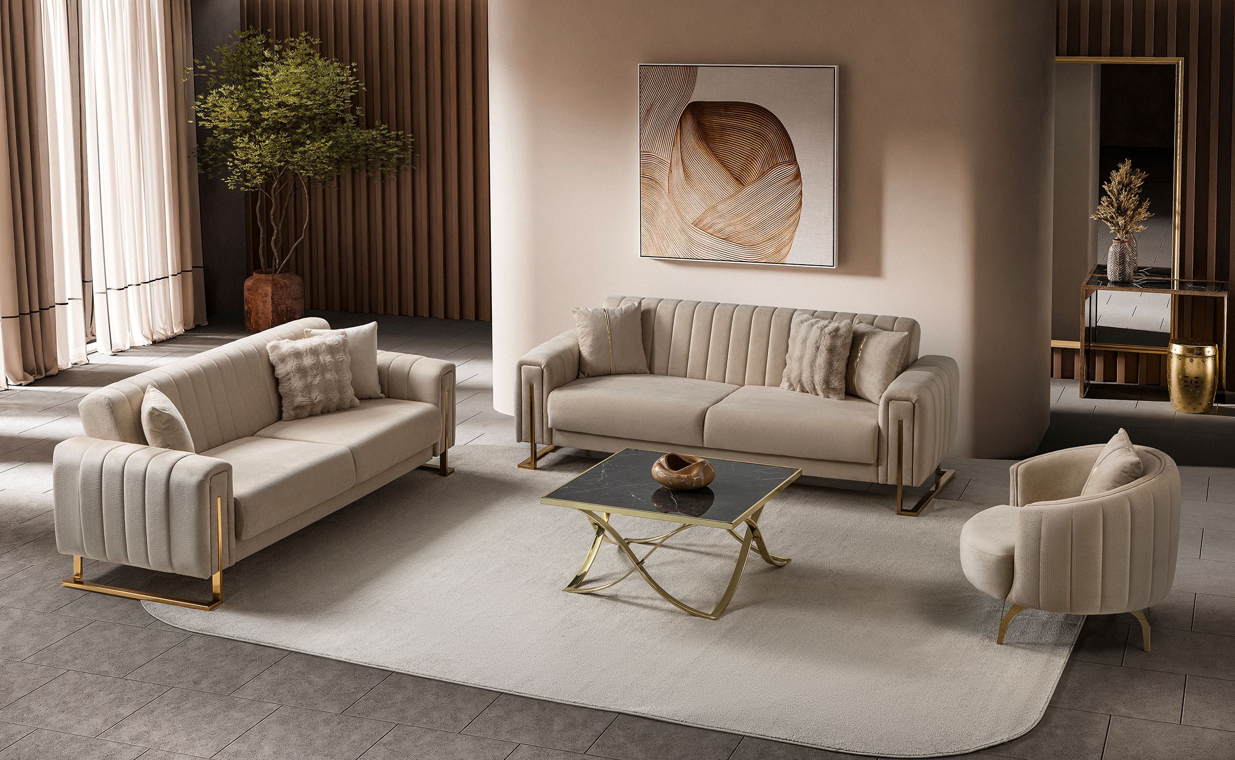Othello Velvet Sofa Bed with Storage Beige Gold