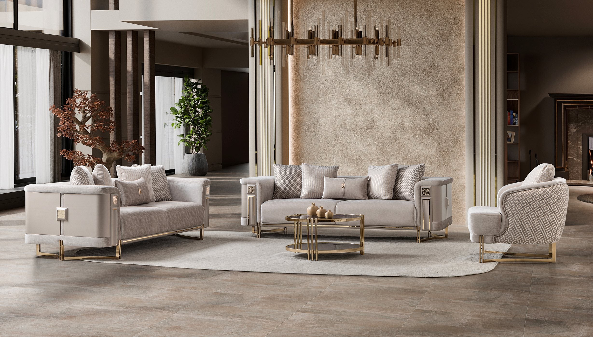Mirage Luxury Velvet Sofa Set Ivory Gold