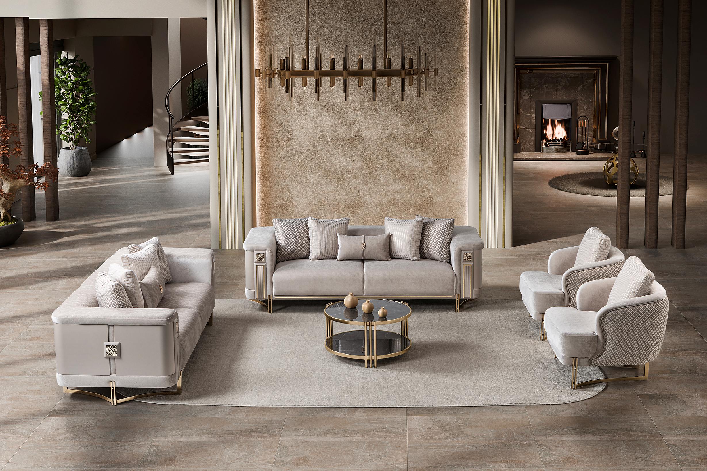 Mirage Luxury Velvet Sofa Set Ivory Gold