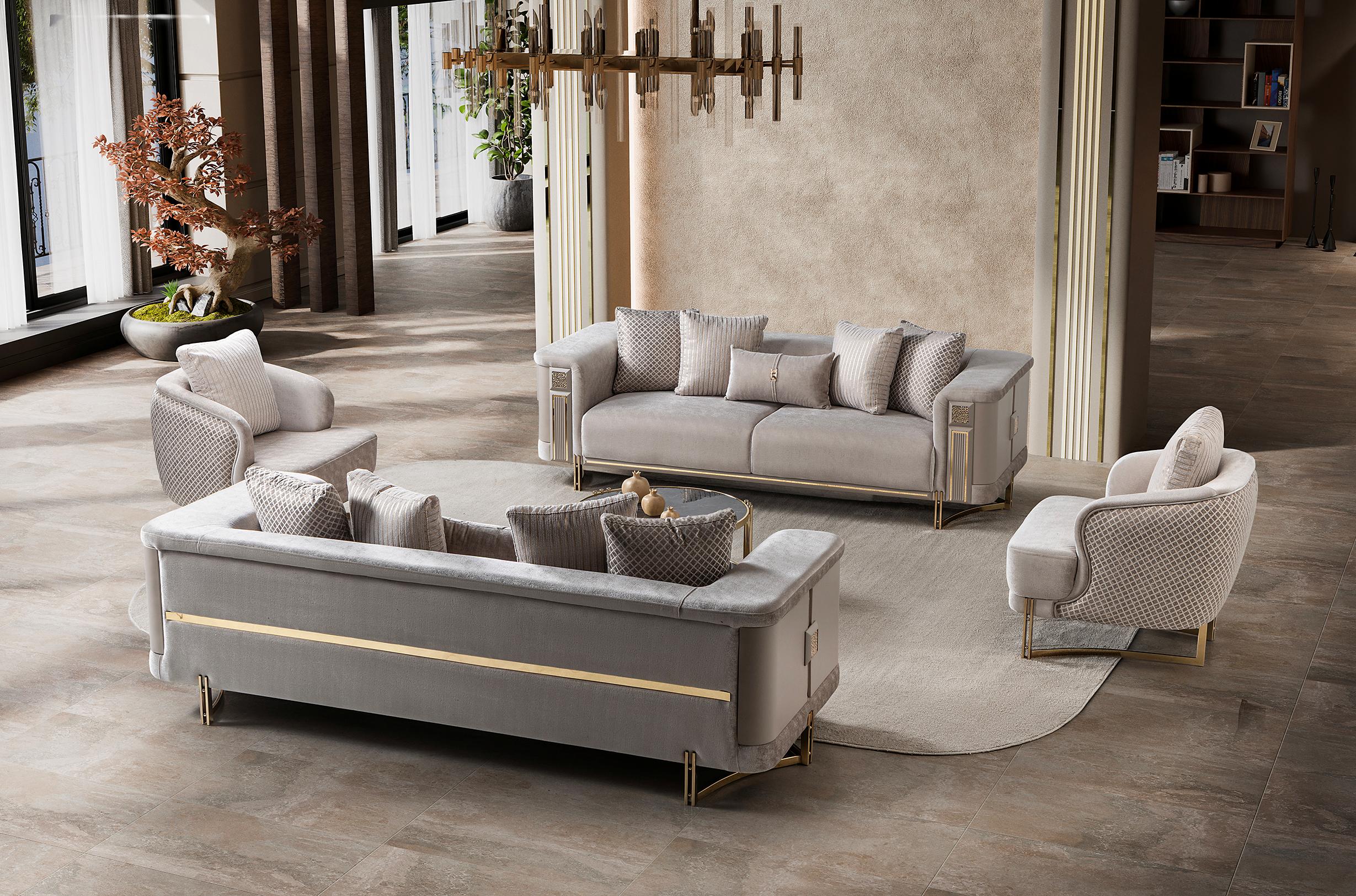 Mirage Luxury Velvet Sofa Set Ivory Gold