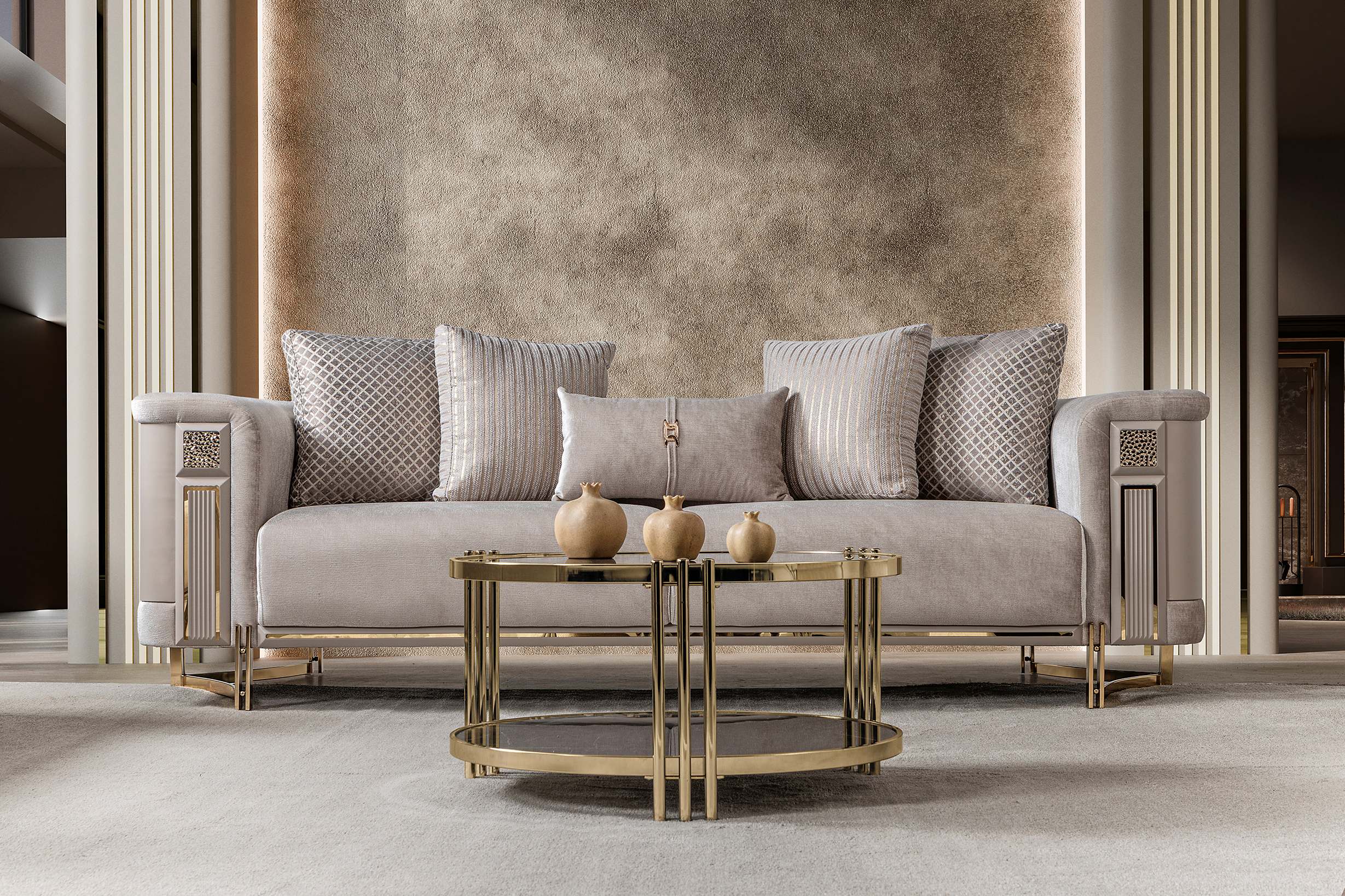 Mirage Luxury Velvet Sofa Set Ivory Gold