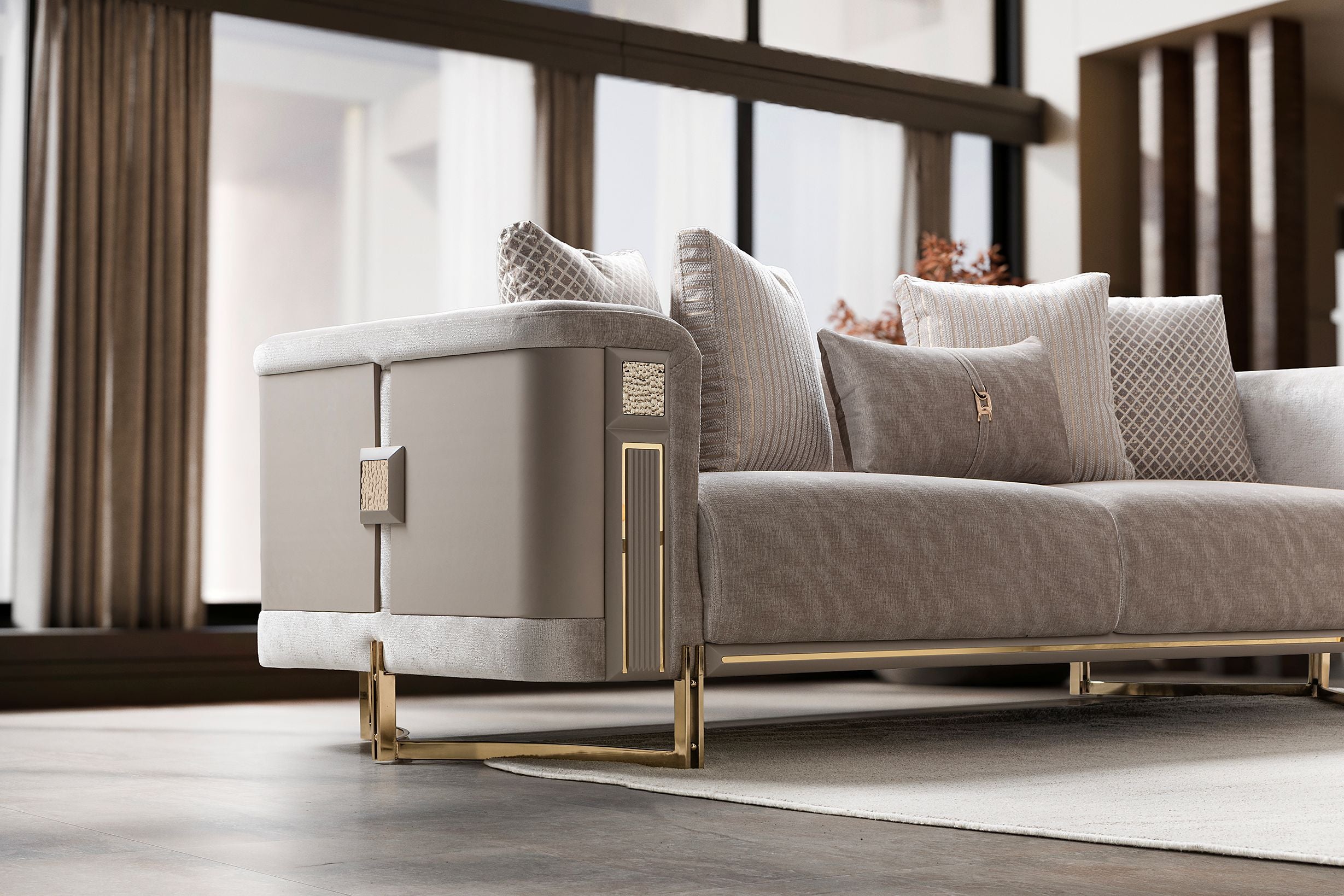 Mirage Luxury Velvet Sofa Set Ivory Gold