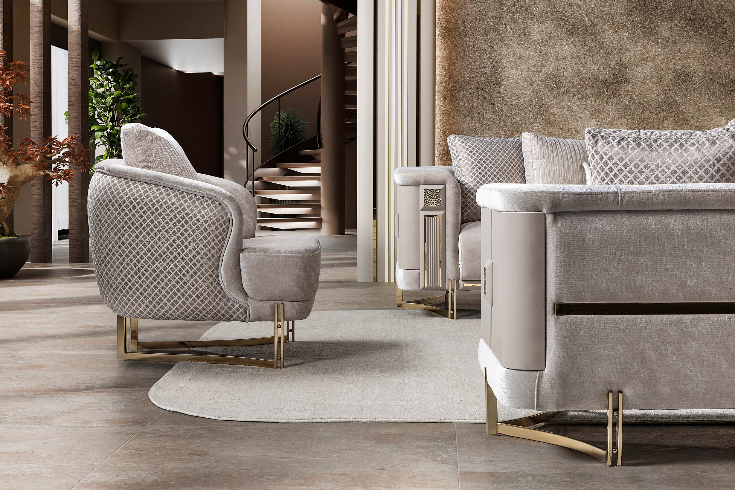 Mirage Luxury Velvet Sofa Set Ivory Gold
