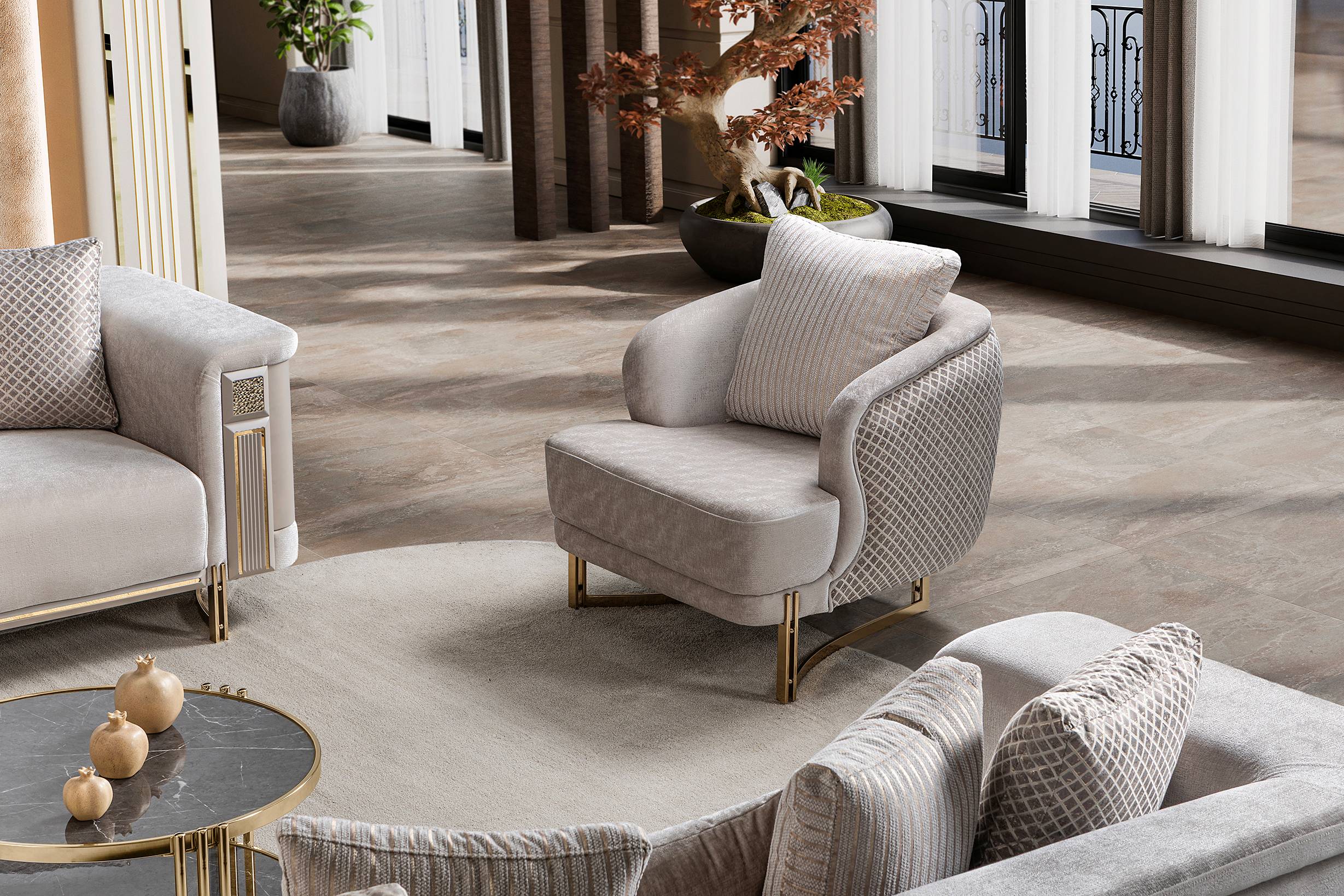 Mirage Luxury Velvet Sofa Set Ivory Gold