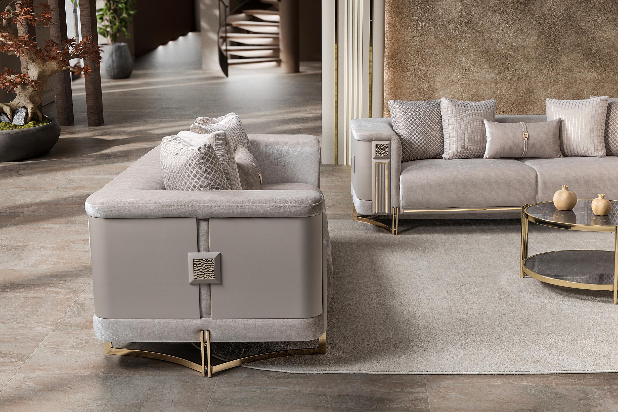 Mirage Luxury Velvet Sofa Set Ivory Gold