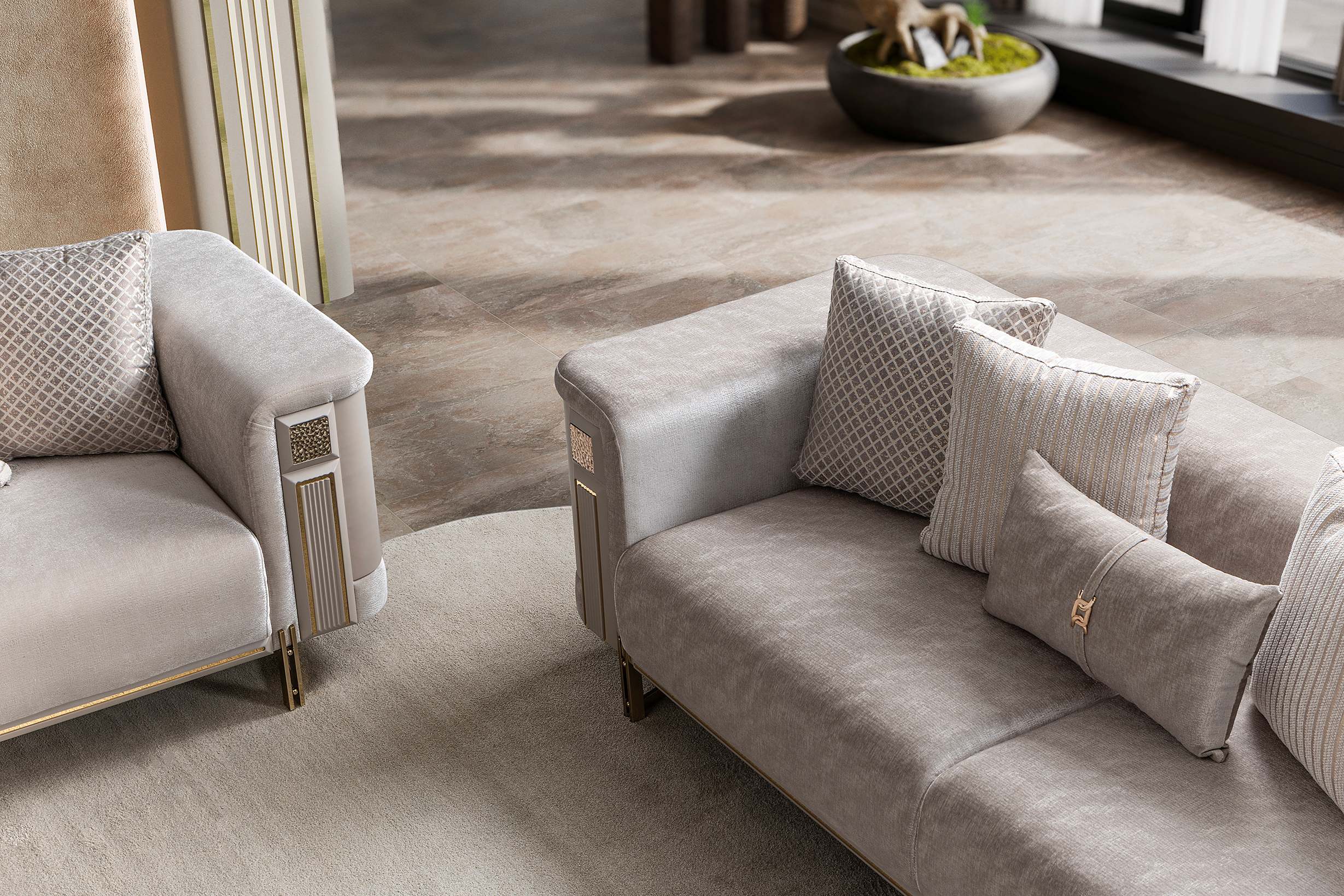 Mirage Luxury Velvet Sofa Set Ivory Gold