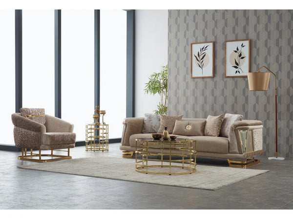 Milenyum Velvet Modern Sofa Set Beige