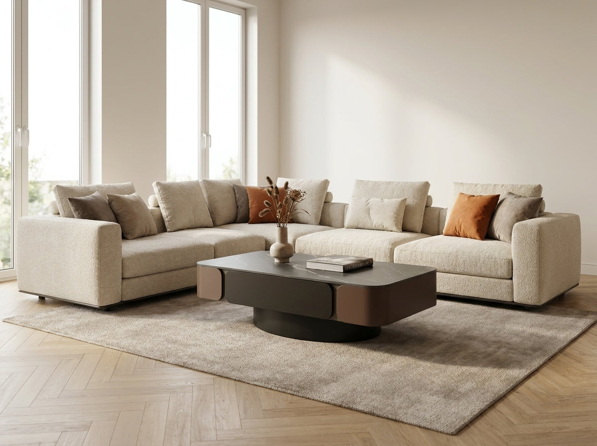 Crystal Black Ceramic Coffee Table with Drawer Bronze