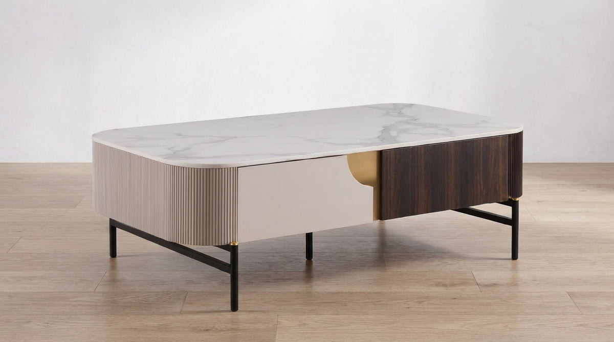 Chanel White Ceramic Coffee Table with Drawer Beige & Brown