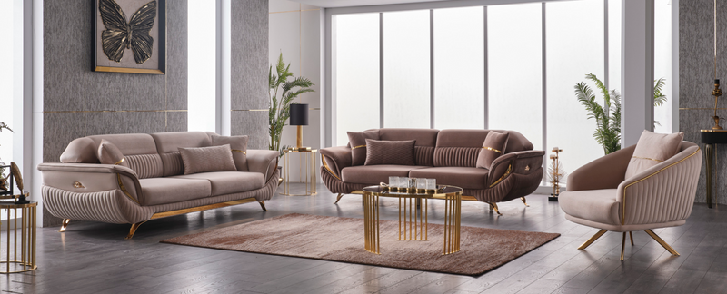 Sidney Velvet Modern Sofa Set Nescafe Gold