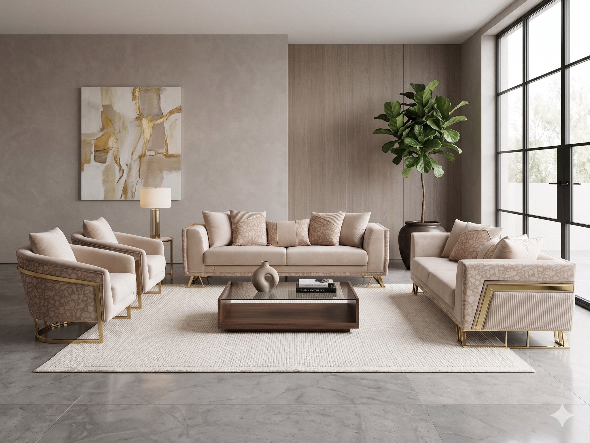 Amara Modern Luxury Velvet Sofa Set Beige - Quality Rugs and Furniture
