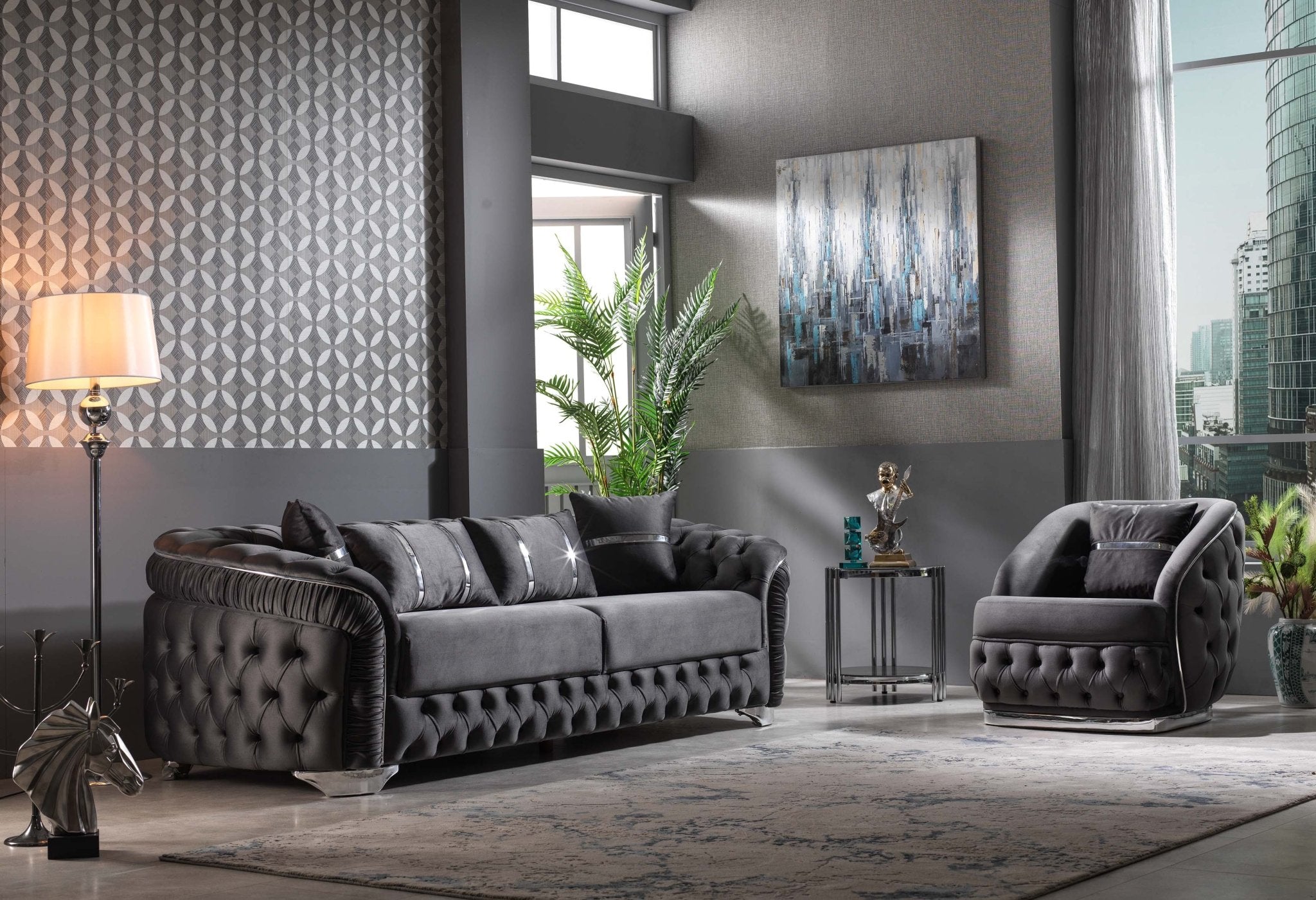 Arizona Velvet Modern Luxury Sofa Set Black Gold - Quality Rugs and Furniture