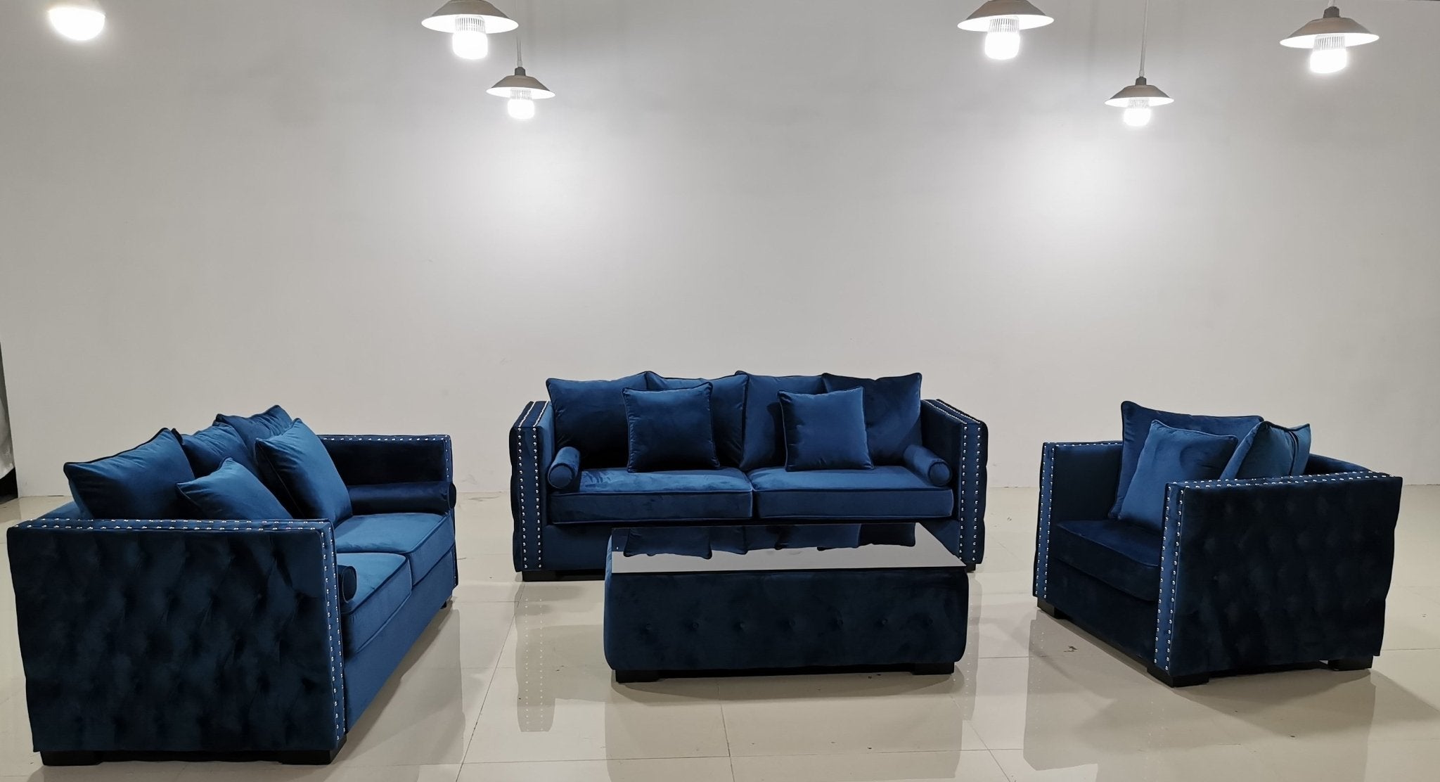 Ava Velvet Sofa Set Blue - Quality Rugs and Furniture