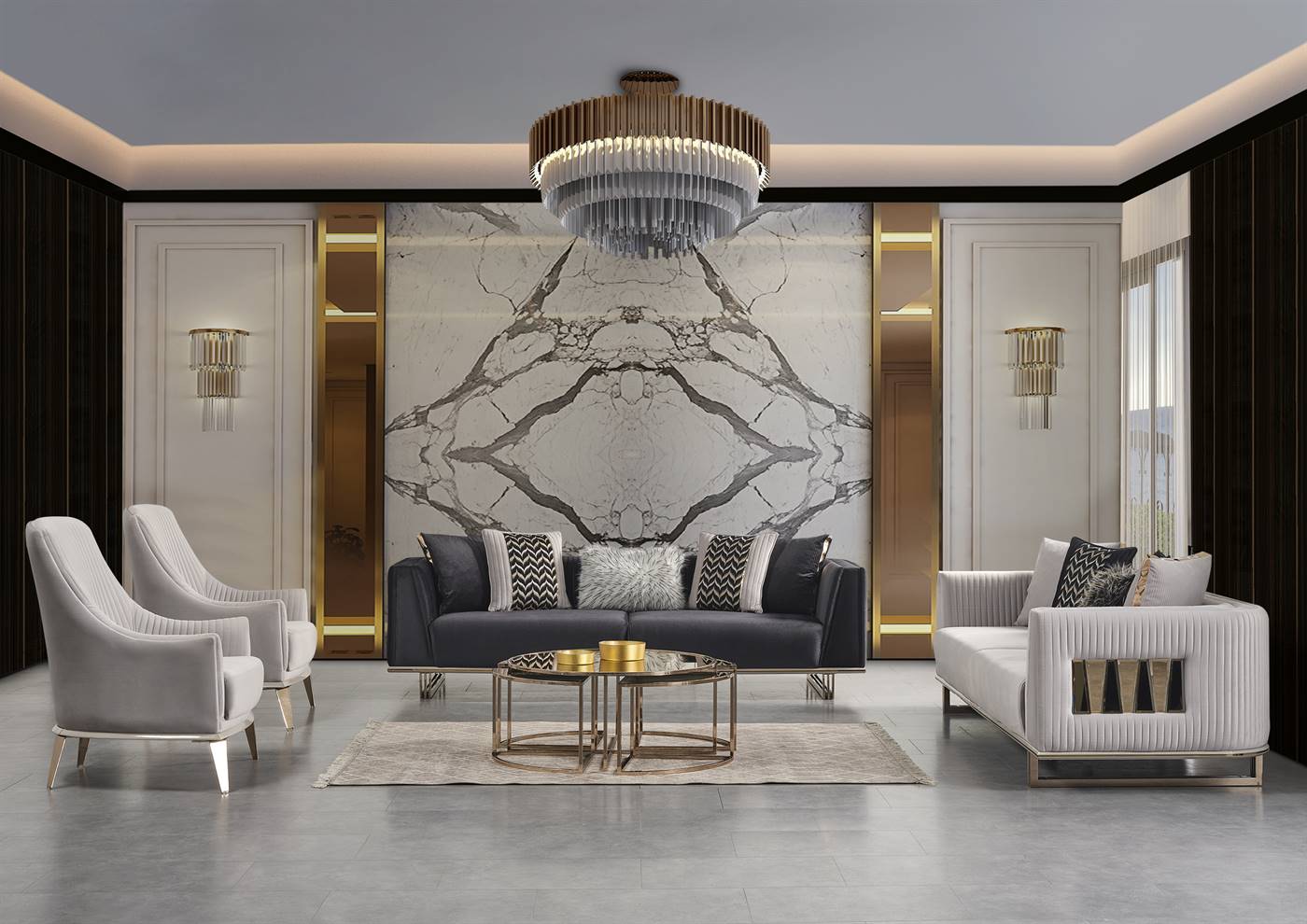 Berlin Art Deco Sofa Set Modern Mid Century Beige - Quality Rugs and Furniture