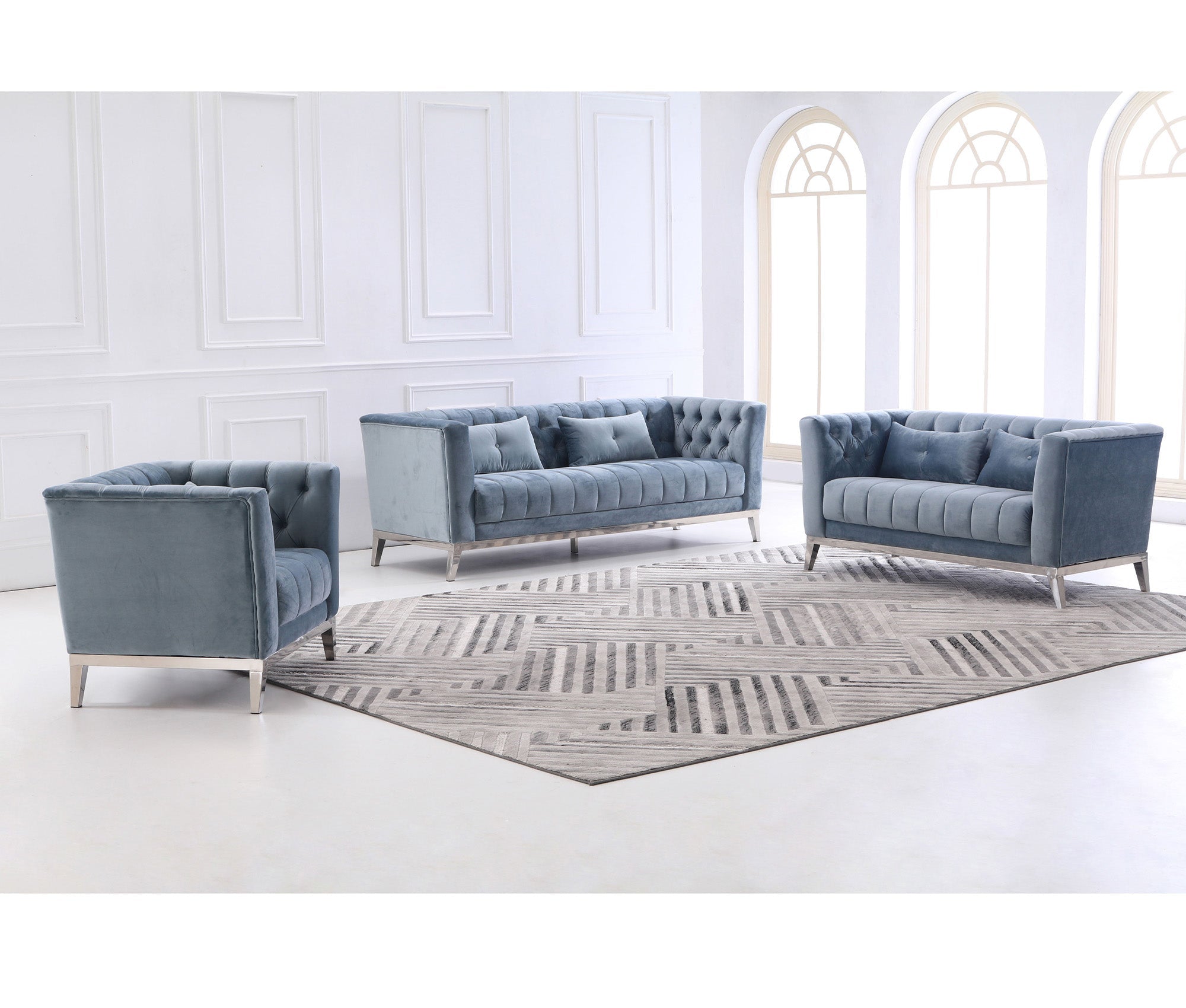 Cara Velvet Sofa Set Light Blue - Quality Rugs and Furniture