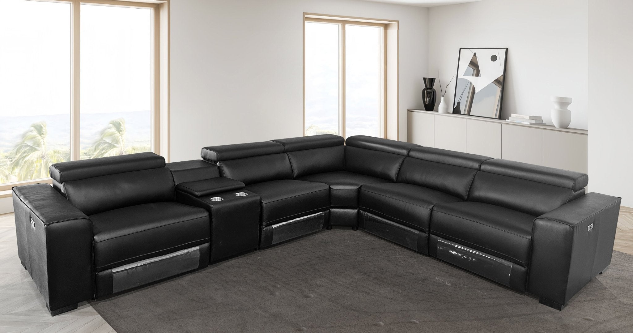Celestial Corner Electric Recliner Genuine Leather Sofa Set Black - Quality Rugs and Furniture