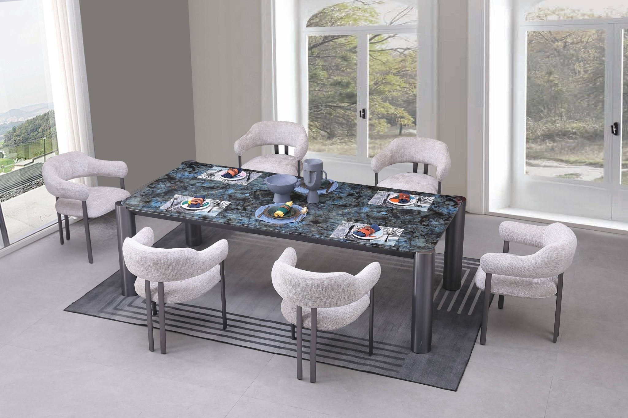 Circa Modern Blue Marble Top Stainless Steel base Dining Table - Quality Rugs and Furniture