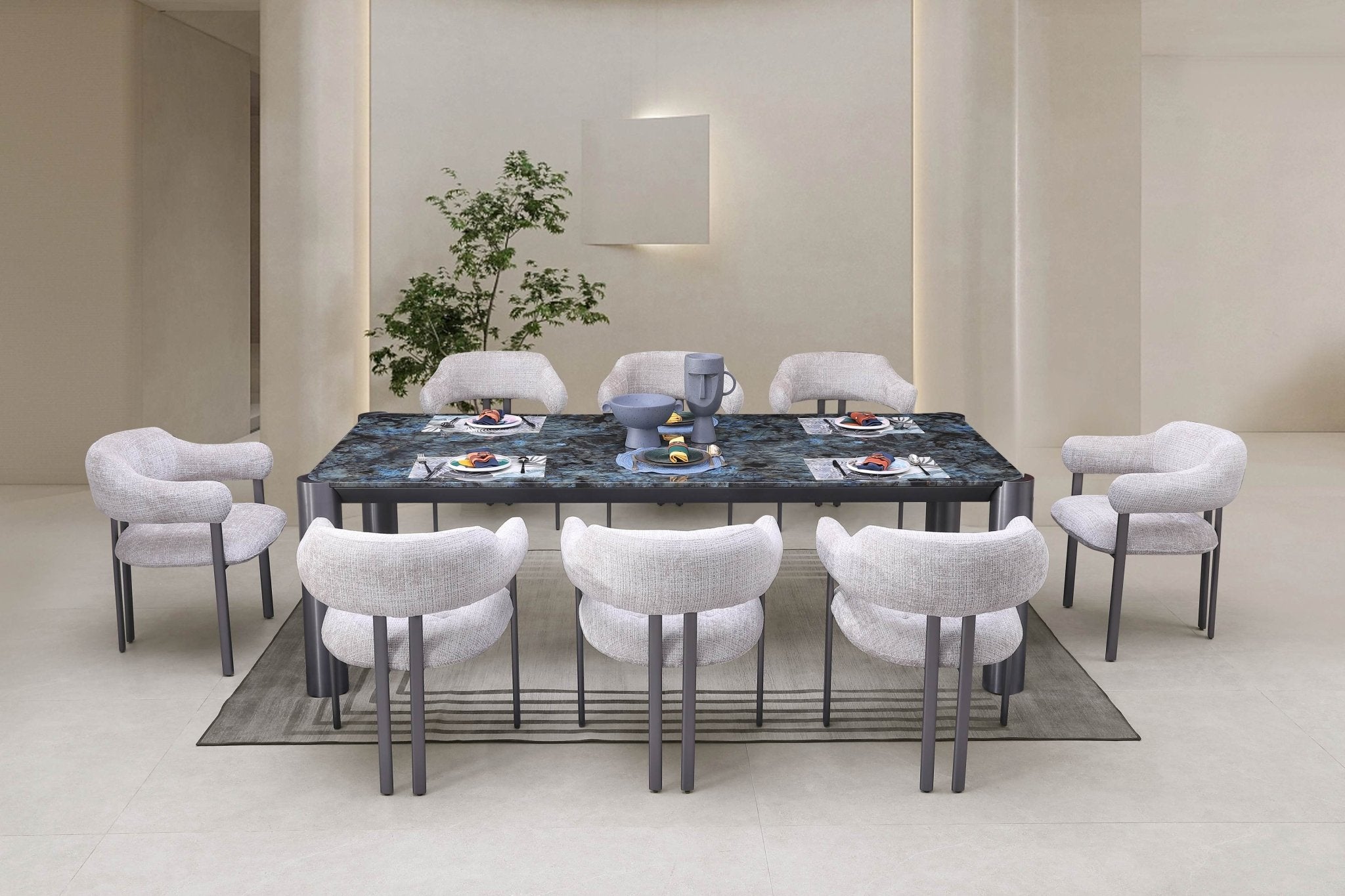 Circa Modern Blue Marble Top Stainless Steel base Dining Table - Quality Rugs and Furniture