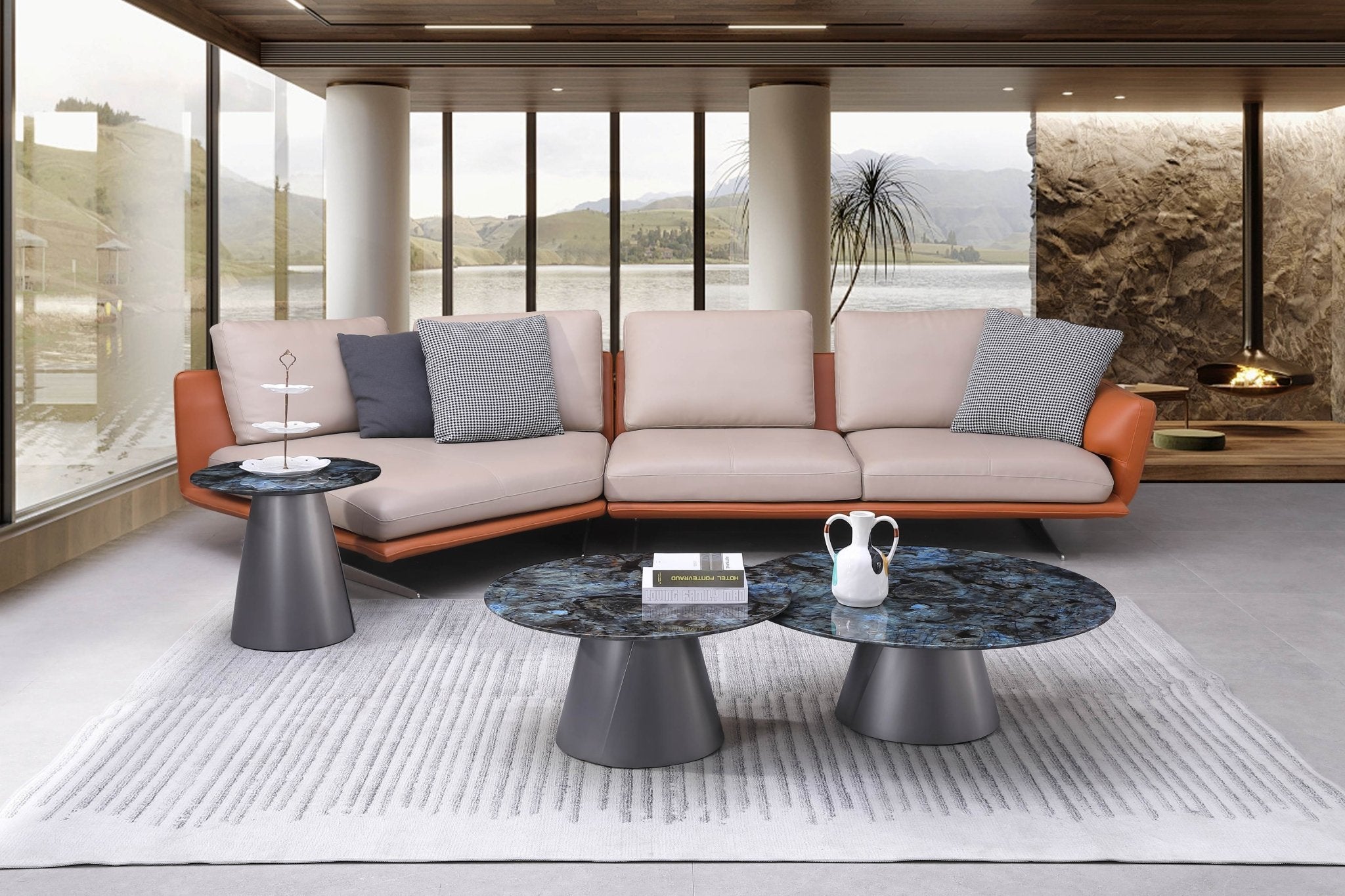 Circa Modern Blue Marble Top Stainless Steel Grey Base Coffee Table - Quality Rugs and Furniture