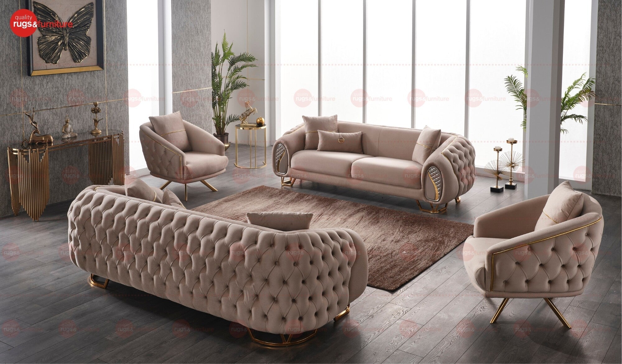 Diamond Luxury Modern Velvet Sofa Set Beige Gold - Quality Rugs and Furniture