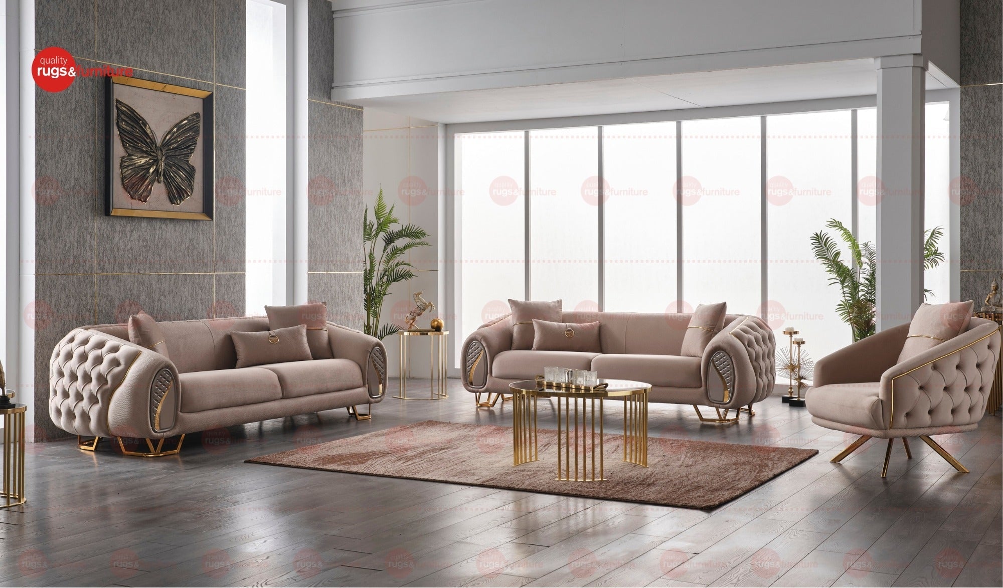 Diamond Luxury Modern Velvet Sofa Set Beige Gold - Quality Rugs and Furniture