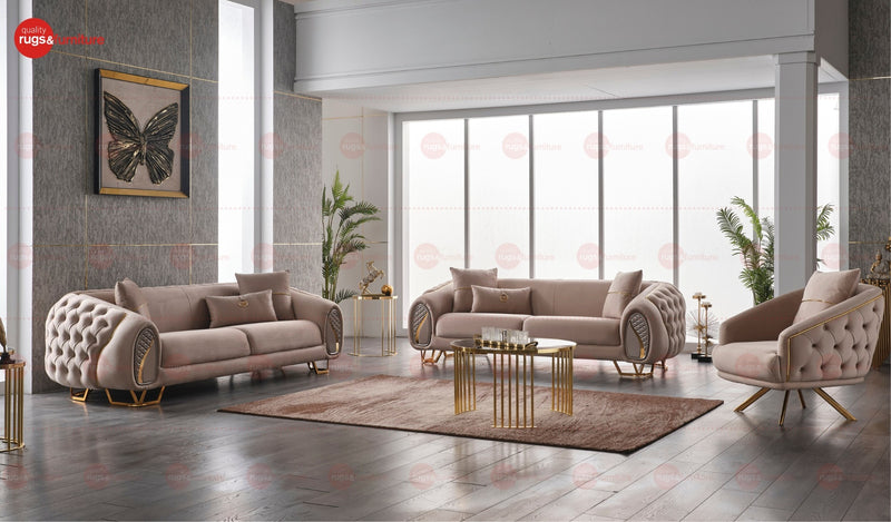 Diamond Luxury Modern Velvet Sofa Set Beige Gold