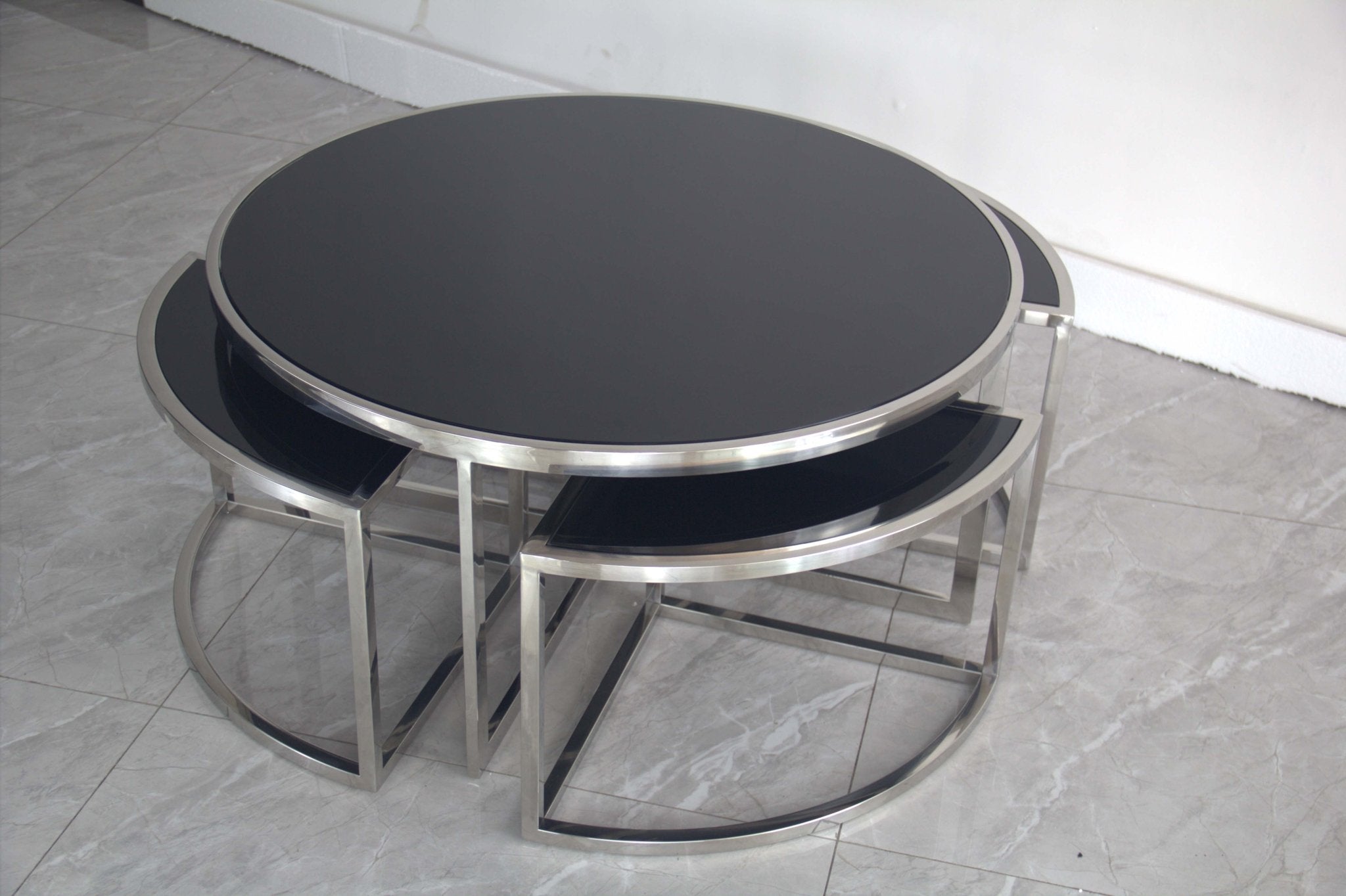 Dua Round Coffee Table Stainless Steel Tempered Glass Black Silver - Quality Rugs and Furniture