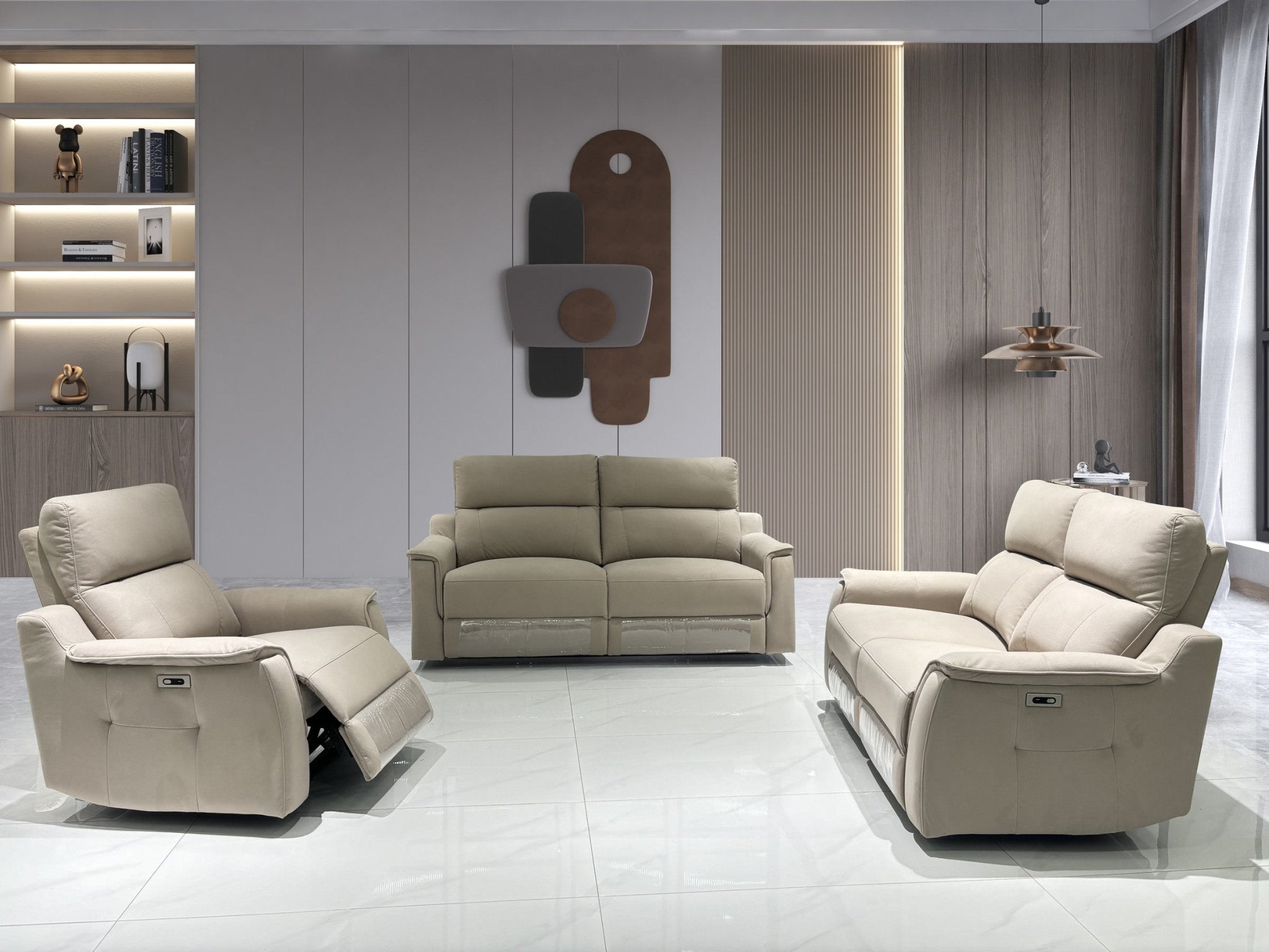 Easeo Recliner Leather Sofa Set Beige - Quality Rugs and Furniture