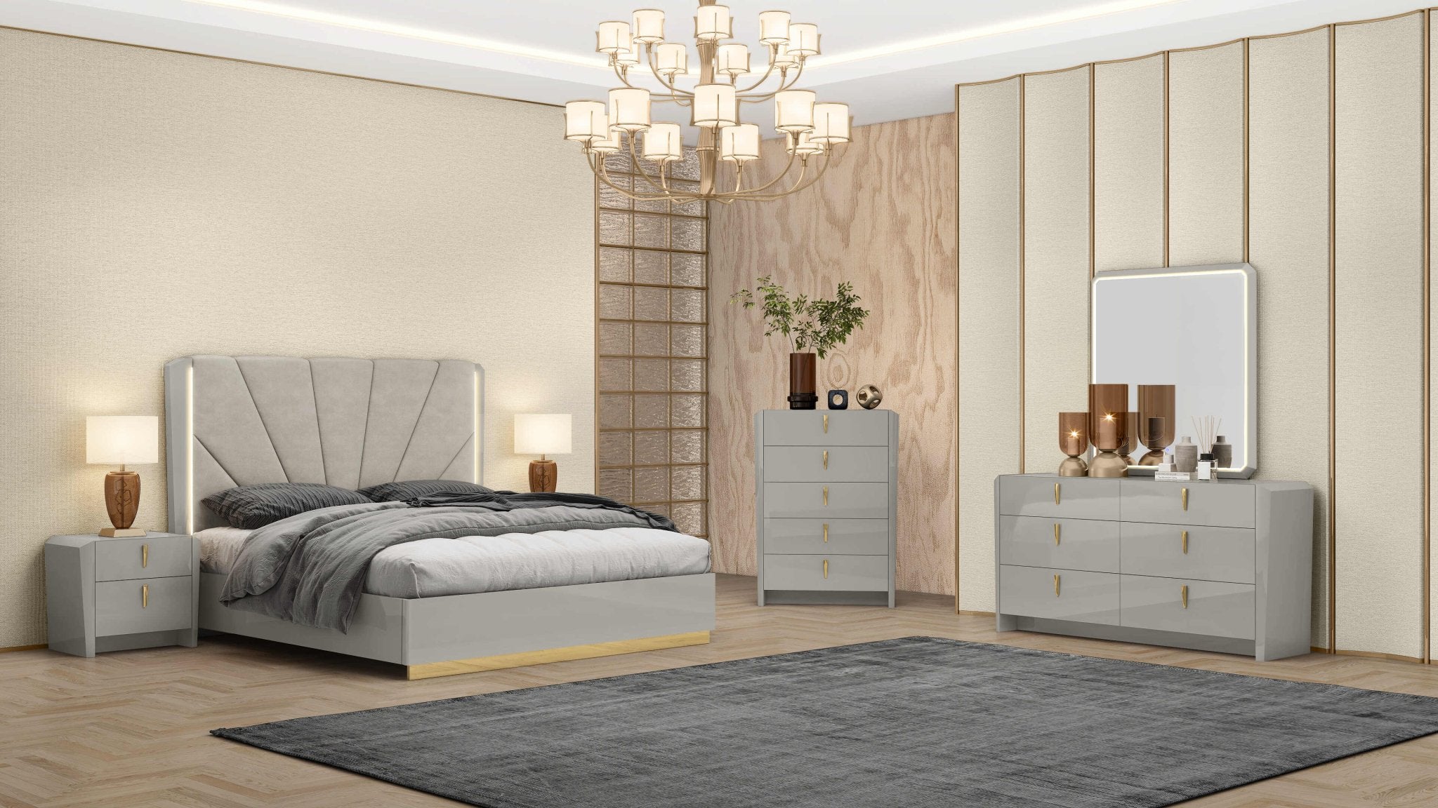 Ecoza Bedroom Suite Luxury Modern Bed Grey Lacquer - Quality Rugs and Furniture