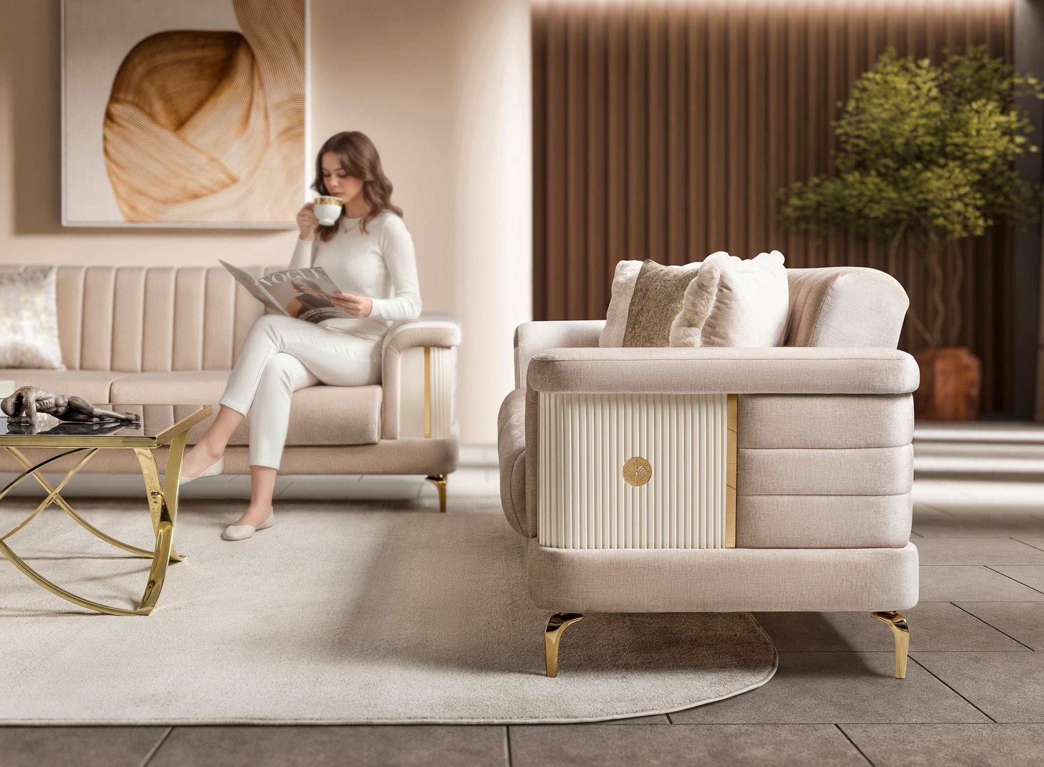 Elano Modern Luxury Velvet Sofa Set Light Beige - Quality Rugs and Furniture