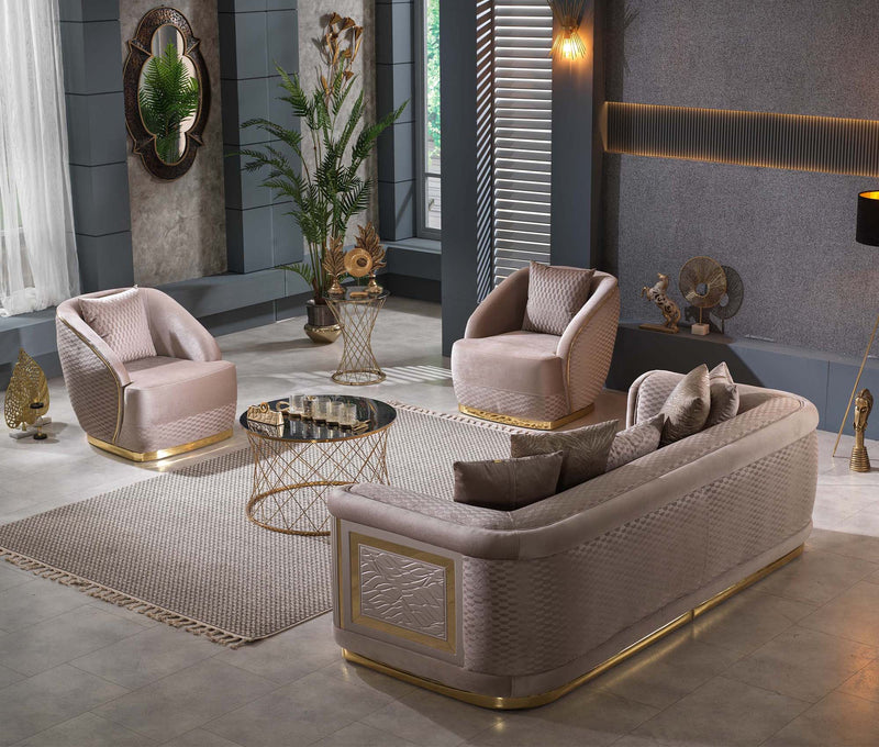 Elegance Lux Velvet Modern Sofa Set Beige Gold