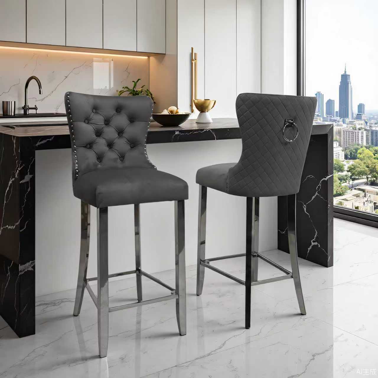 Elina Modern Bar Chair Chrome Leg Grey Velvet - Quality Rugs and Furniture