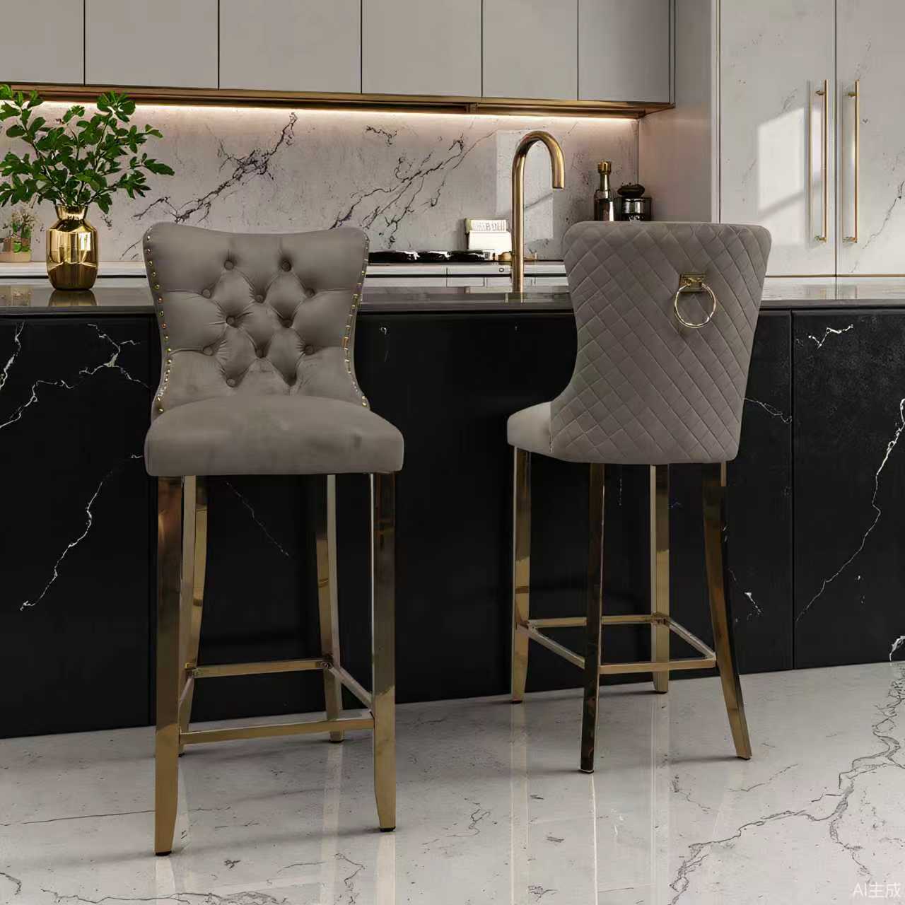 Elina Modern Bar Chair Gold Leg Chocolate Velvet - Quality Rugs and Furniture