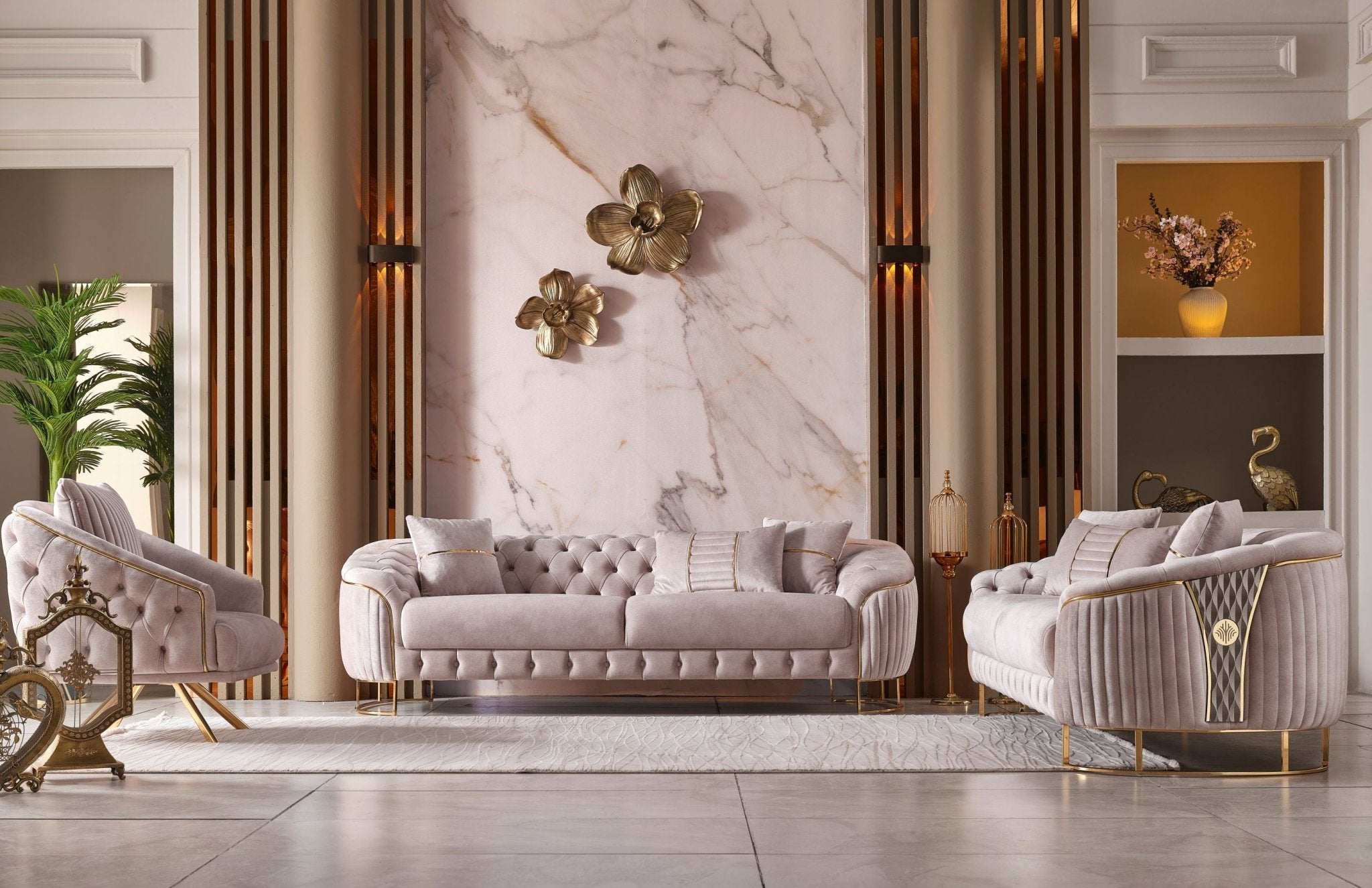 Elmas Modern Velvet Luxury Sofa Set Brown Gold - Quality Rugs and Furniture