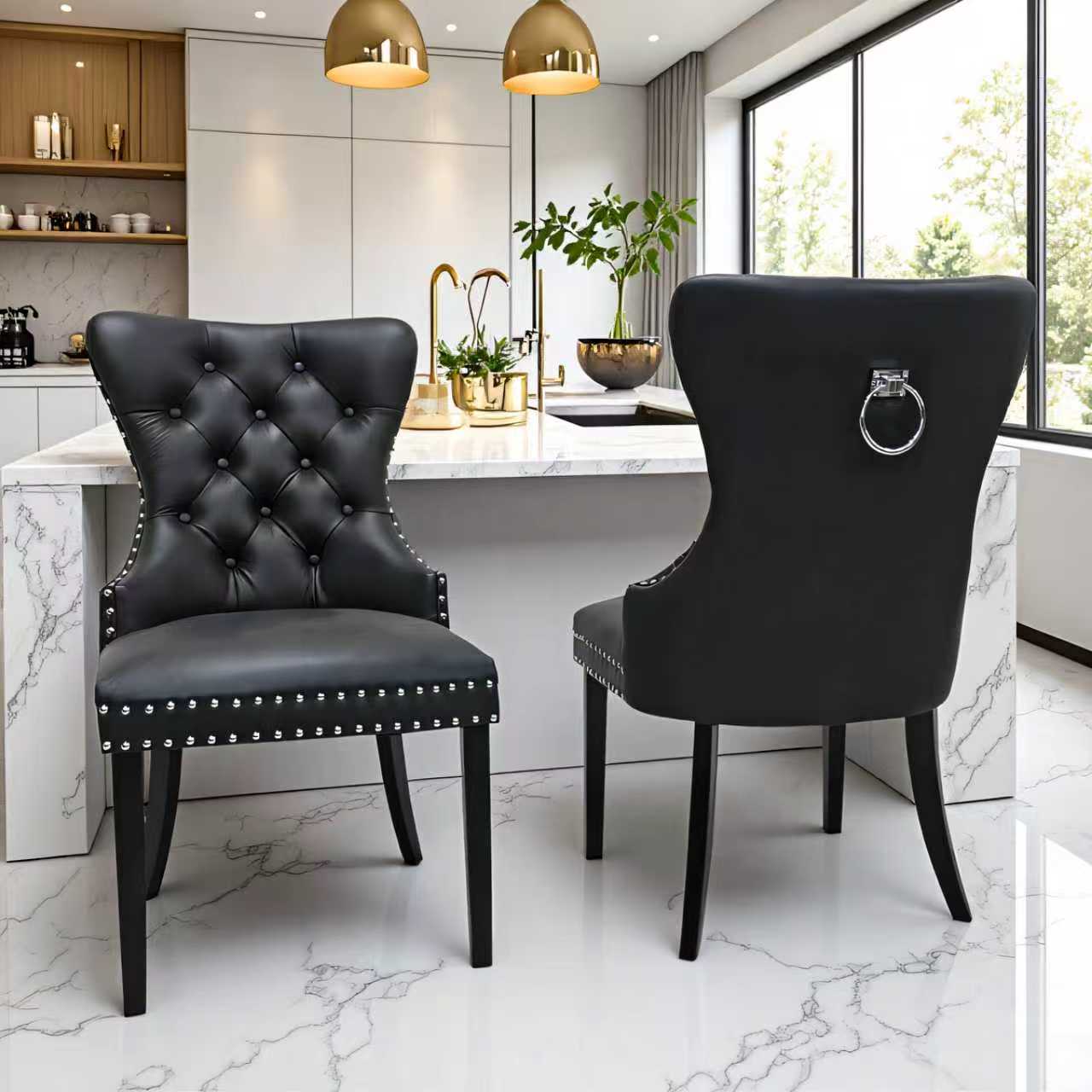 Erica Modern Dining Chair Wooden Leg Black Leather - Quality Rugs and Furniture