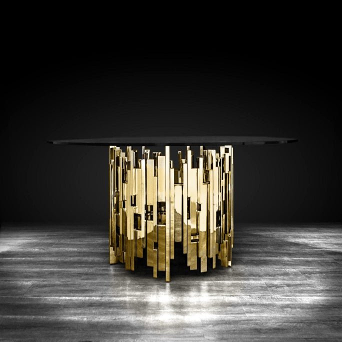 Greta Modern Round Dining Table Clear Glass Top with Stainless Steel Base Gold - Quality Rugs and Furniture