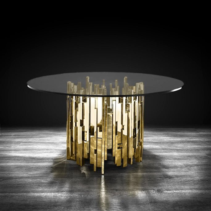 Greta Modern Round Dining Table Clear Glass Top with Stainless Steel Base Gold - Quality Rugs and Furniture