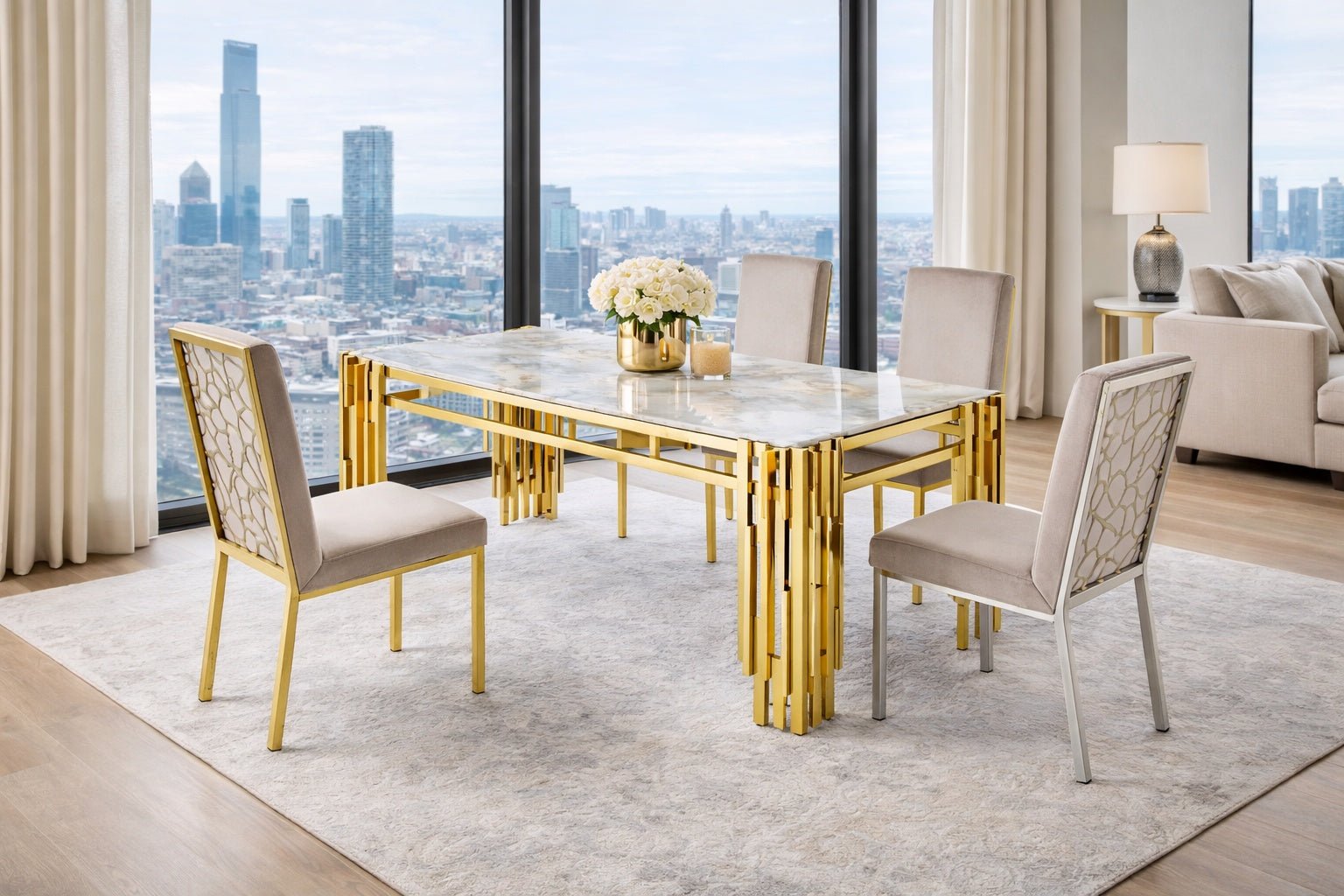 Harbour Stainless Steel Base Marble Top Dining Table Gold - Quality Rugs and Furniture