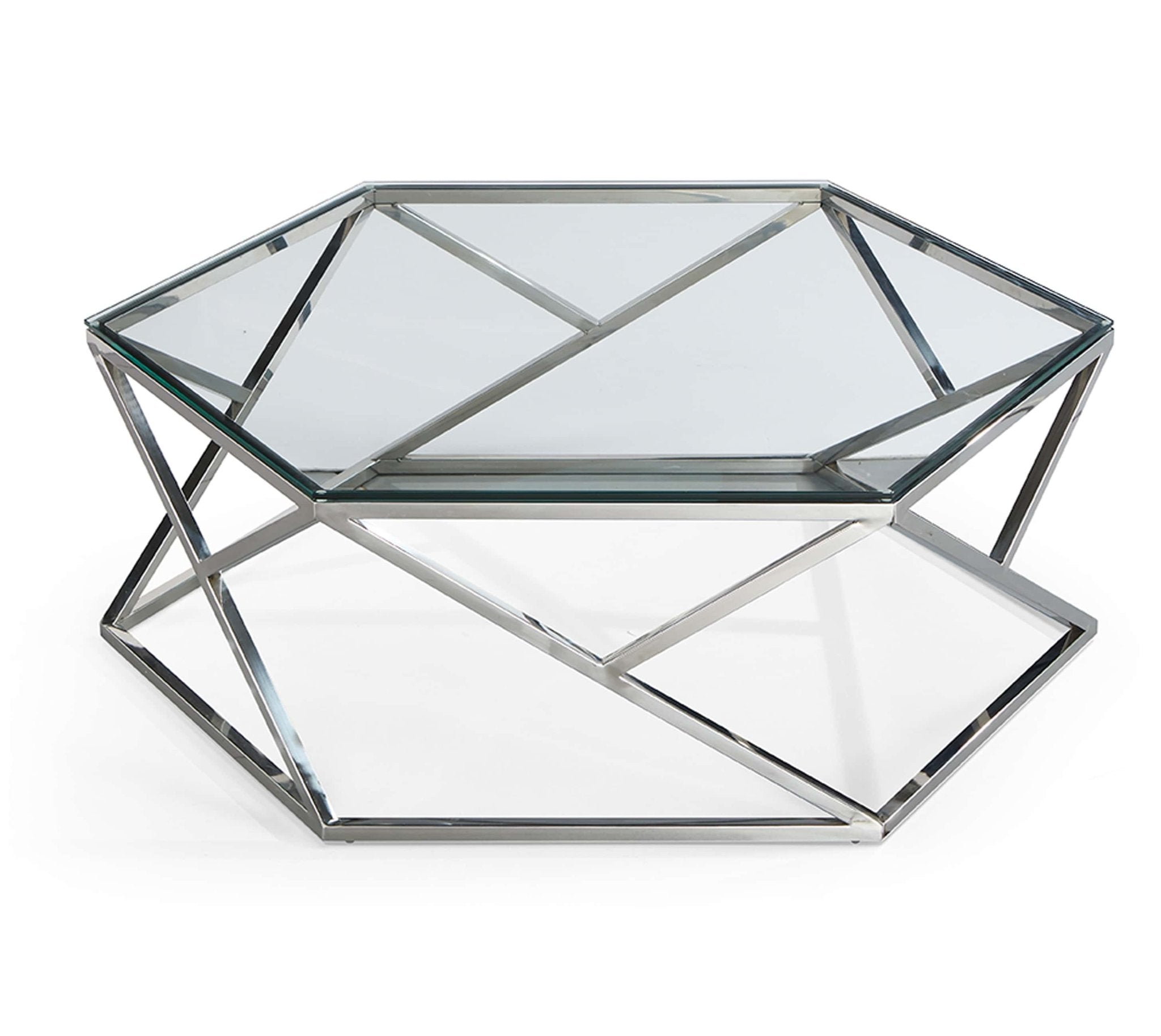 Hexagon Coffee Table Round Stainless Steel Base Glass Top Silver - Quality Rugs and Furniture