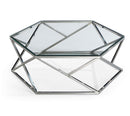 Hexagon Coffee Table Round Stainless Steel Base Glass Top Silver - Quality Rugs and Furniture