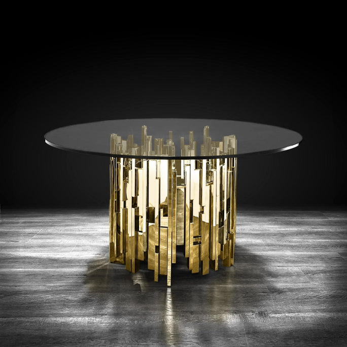 Greta Modern Round Dining Table Clear Glass Top with Stainless Steel Base Gold
