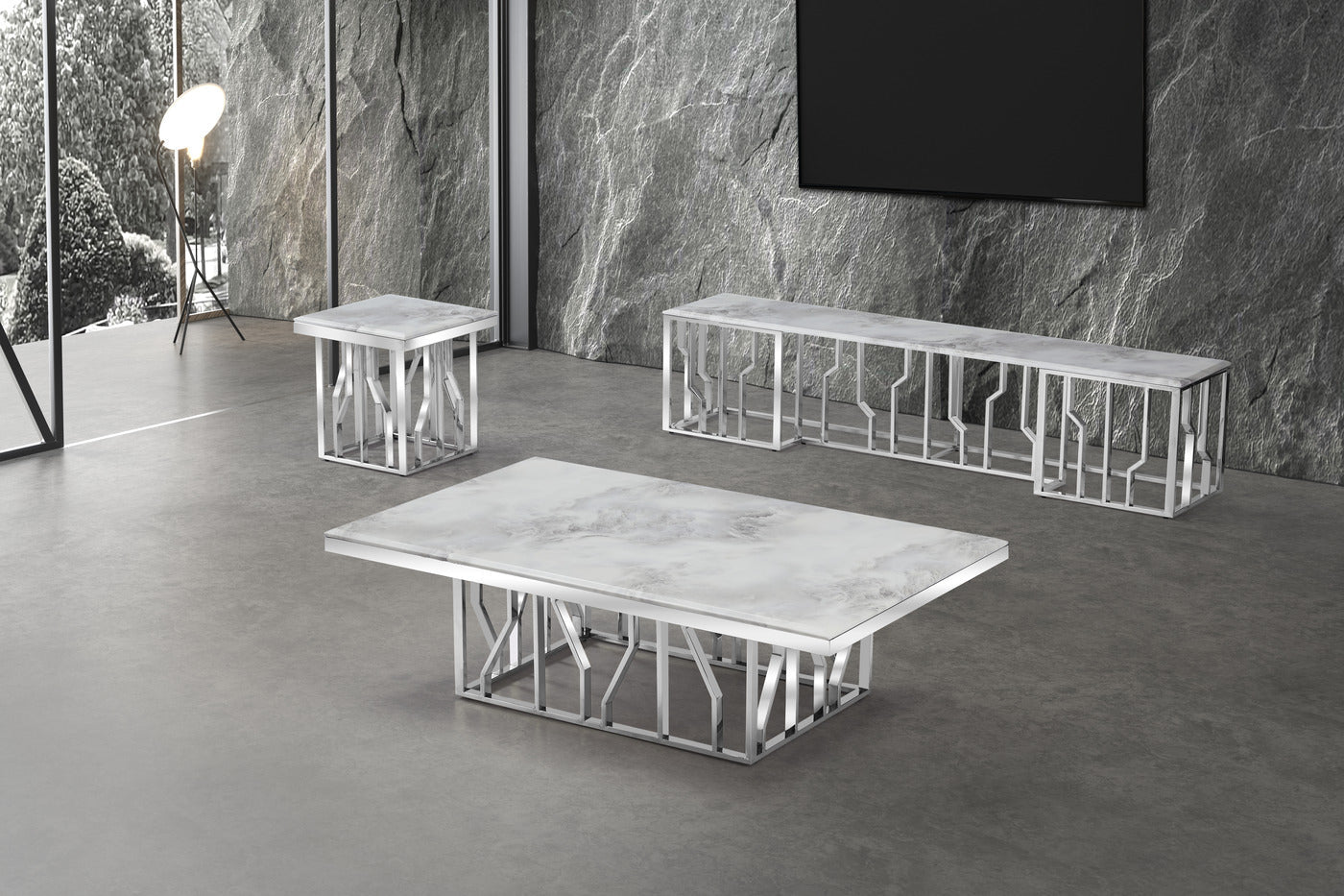 Kaia Stainless Steel Base Marble Top Side Table Silver - Quality Rugs and Furniture
