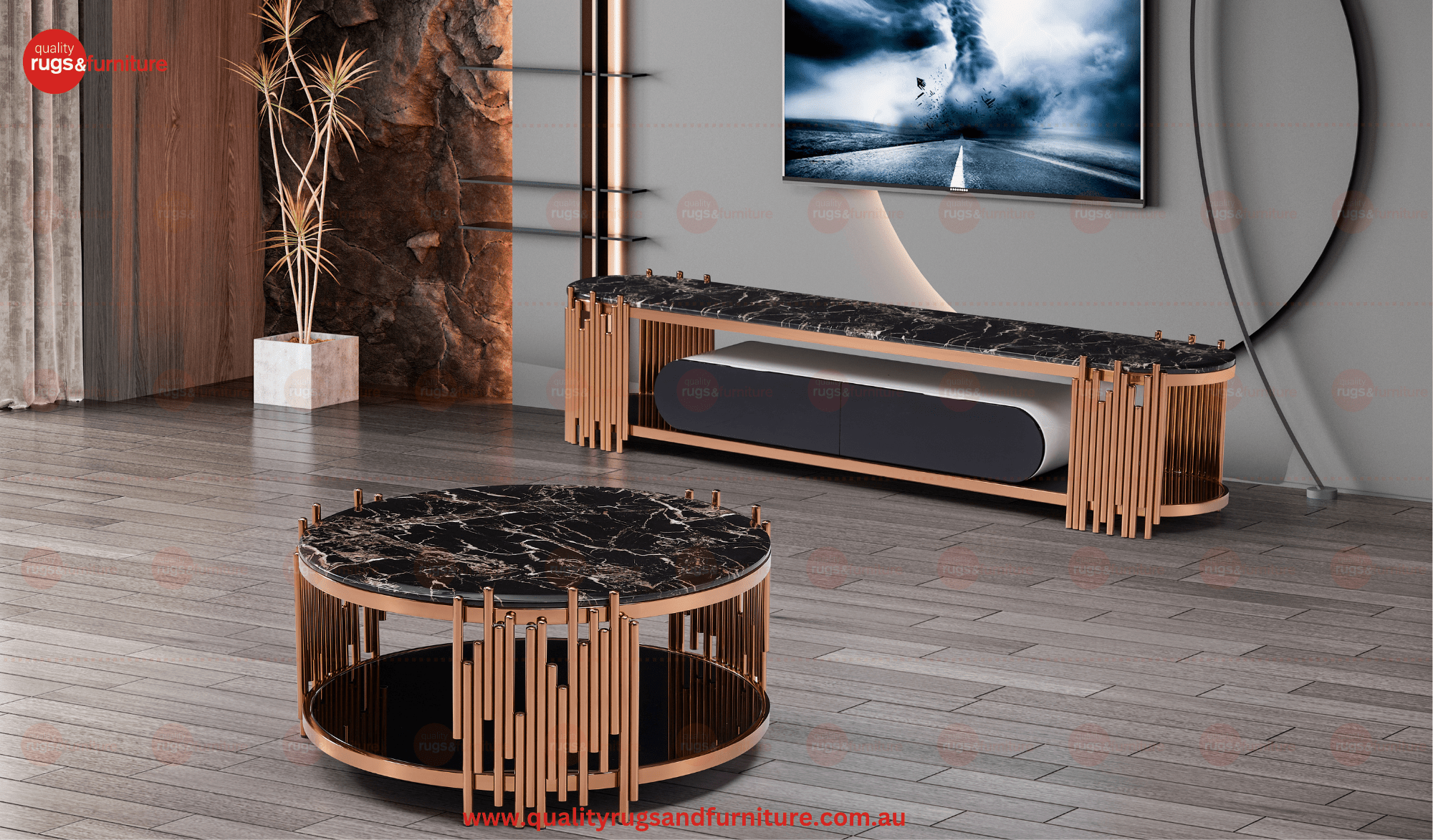 Kylie Coffee Table Stainless Steel Base Marble Top Round Rose Gold - Quality Rugs and Furniture