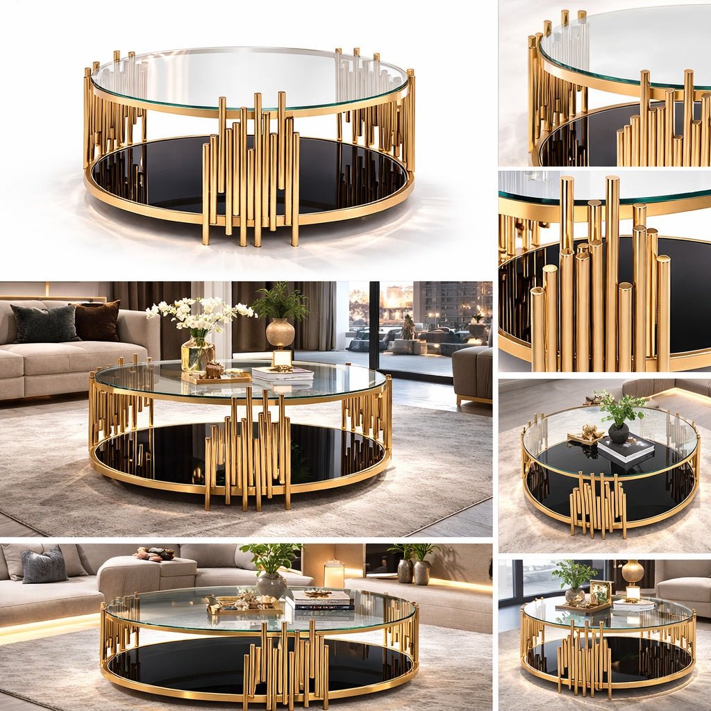 Kylie Round Coffee Table Stainless Steel Base Clear Glass Top Gold - Quality Rugs and Furniture