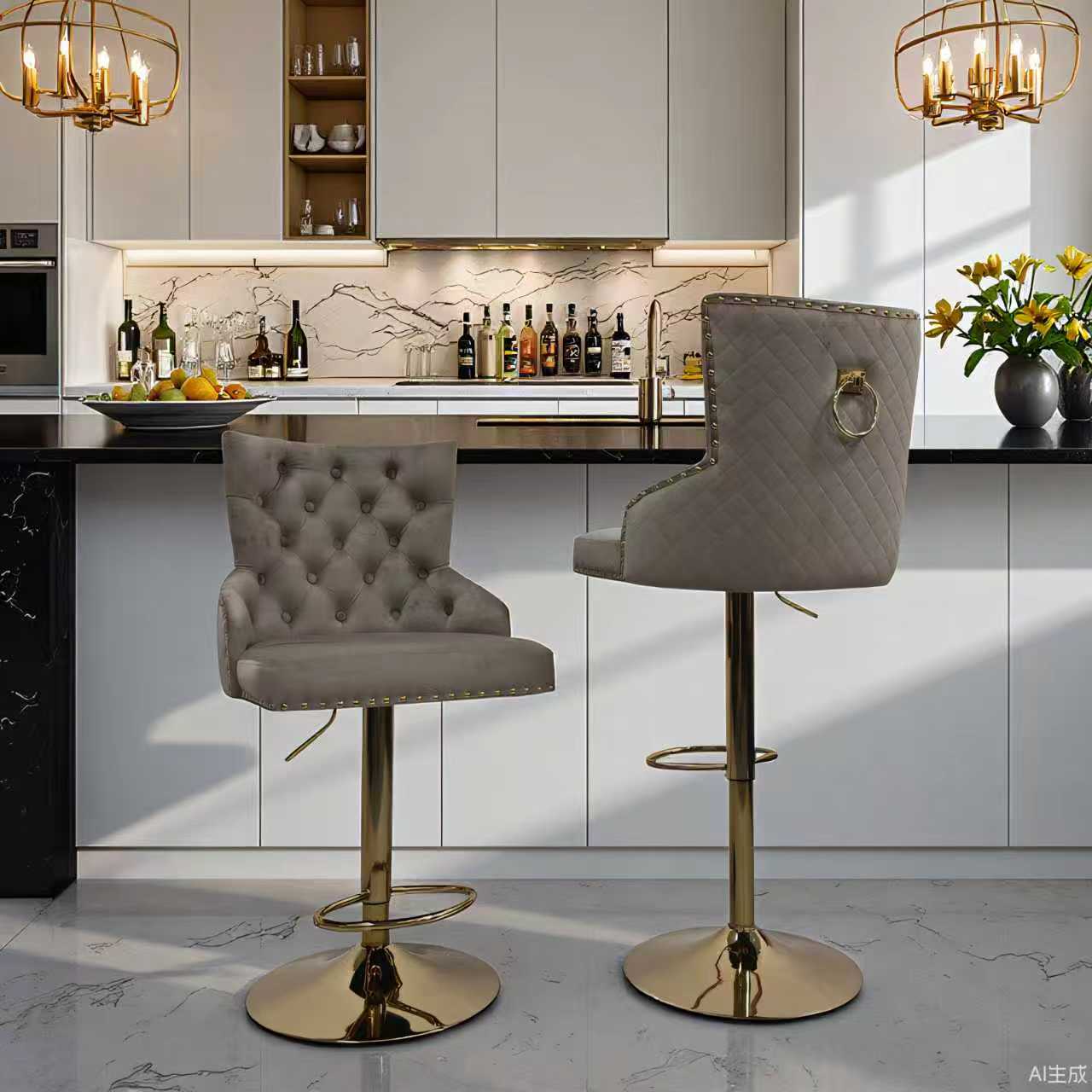 Leo Modern Lift Bar Chair Golden Leg Chocolate Velvet - Quality Rugs and Furniture